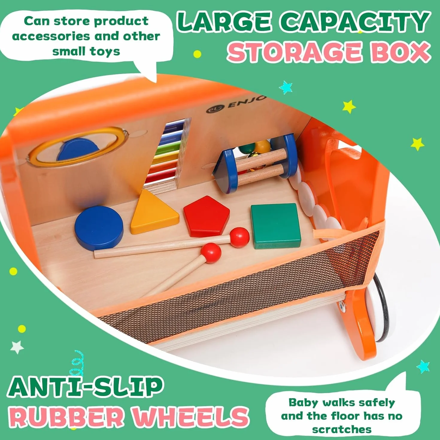 Chariot de Marche en Bois Trotteur Bébé avec Musique et Trieur de Formes Jouet Montessori