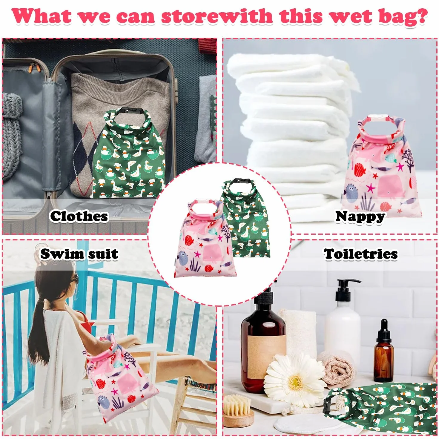 Lot de 2 sacs à couches imperméables pour bébé, Rose, Vert