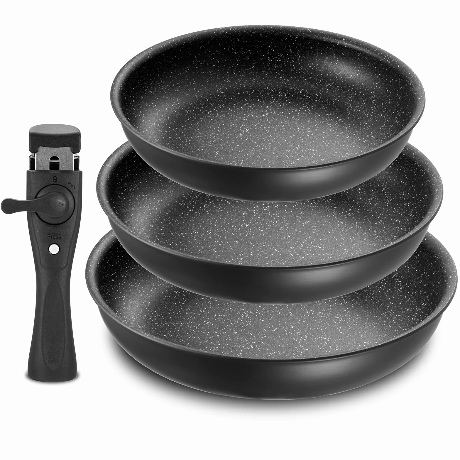 Lot de 3 Poêles avec Poignée Amovible 20/24/28 cm Anti-adhésif Induction Tous Feux Empilables