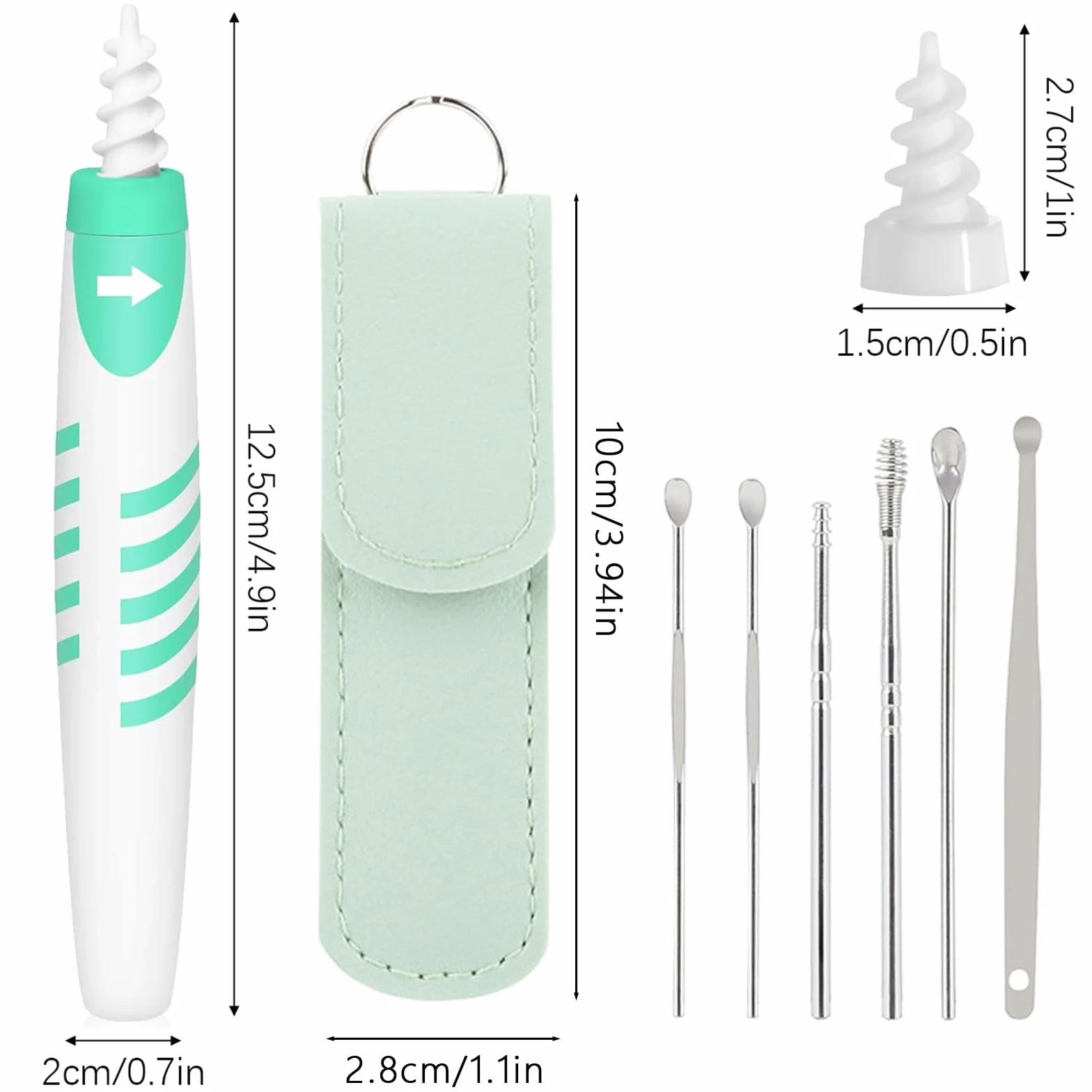 Kit d'extraction du cérumen avec 16 embouts en silicone doux, 6 embouts en acier inoxydable et sac portable