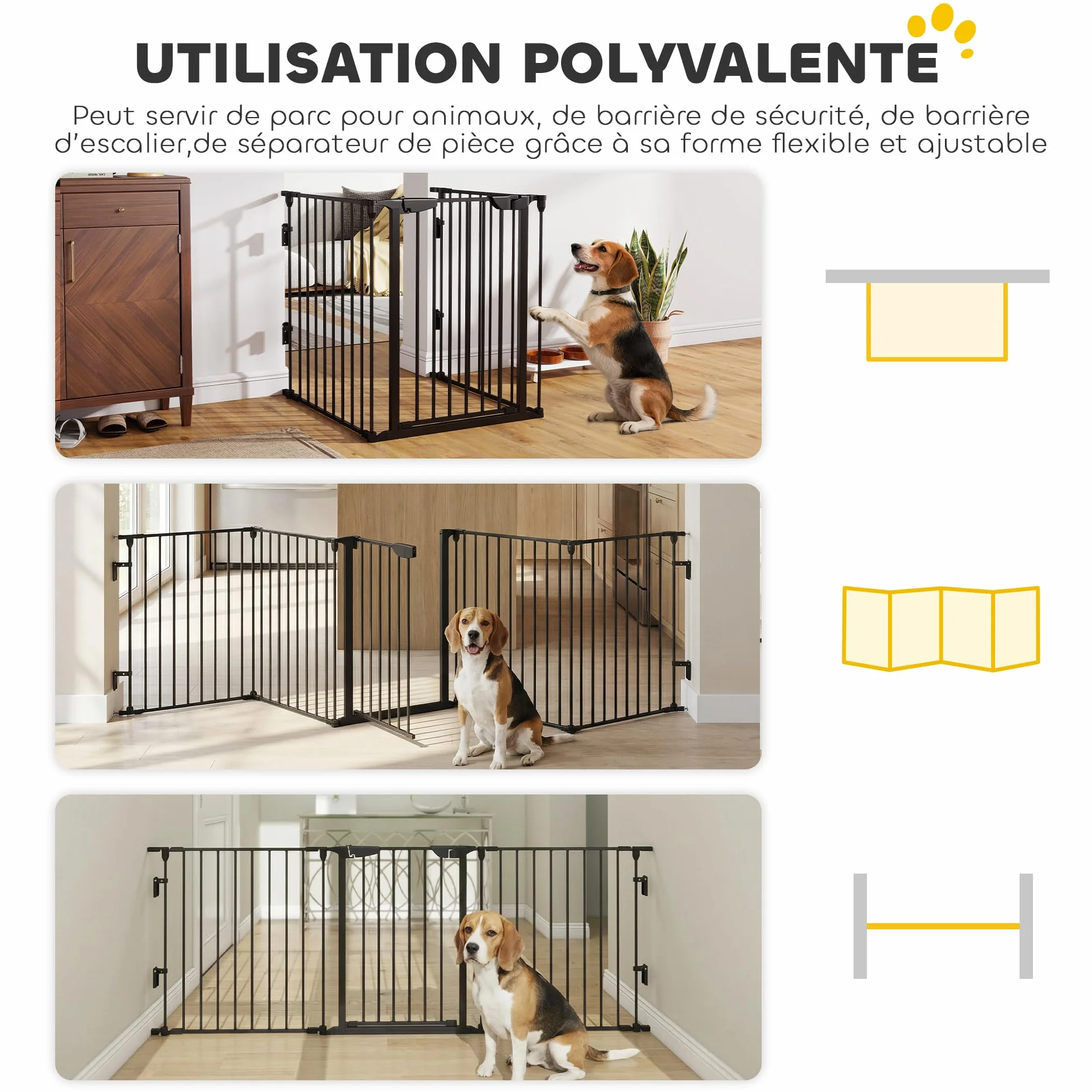 PawHut Barrière de sécurité Parc enclos Chien modulable Pliable Porte intégrée 300L x 74,5H cm métal PP Noir