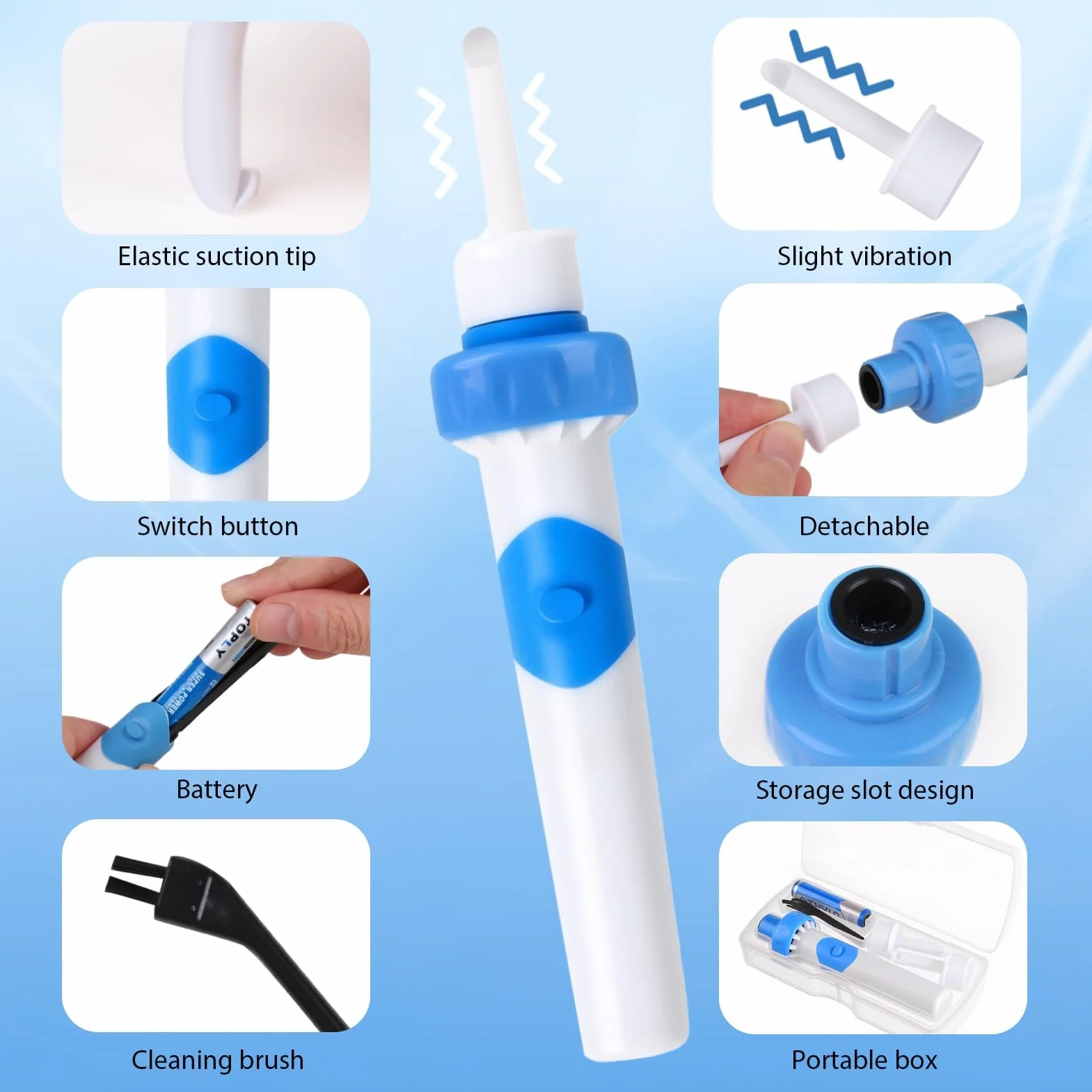 Yuio Aspirateur Oreille Cerumen, Nettoyant Oreille Avec 2 Têtes de Rechange Lavables et Batterie