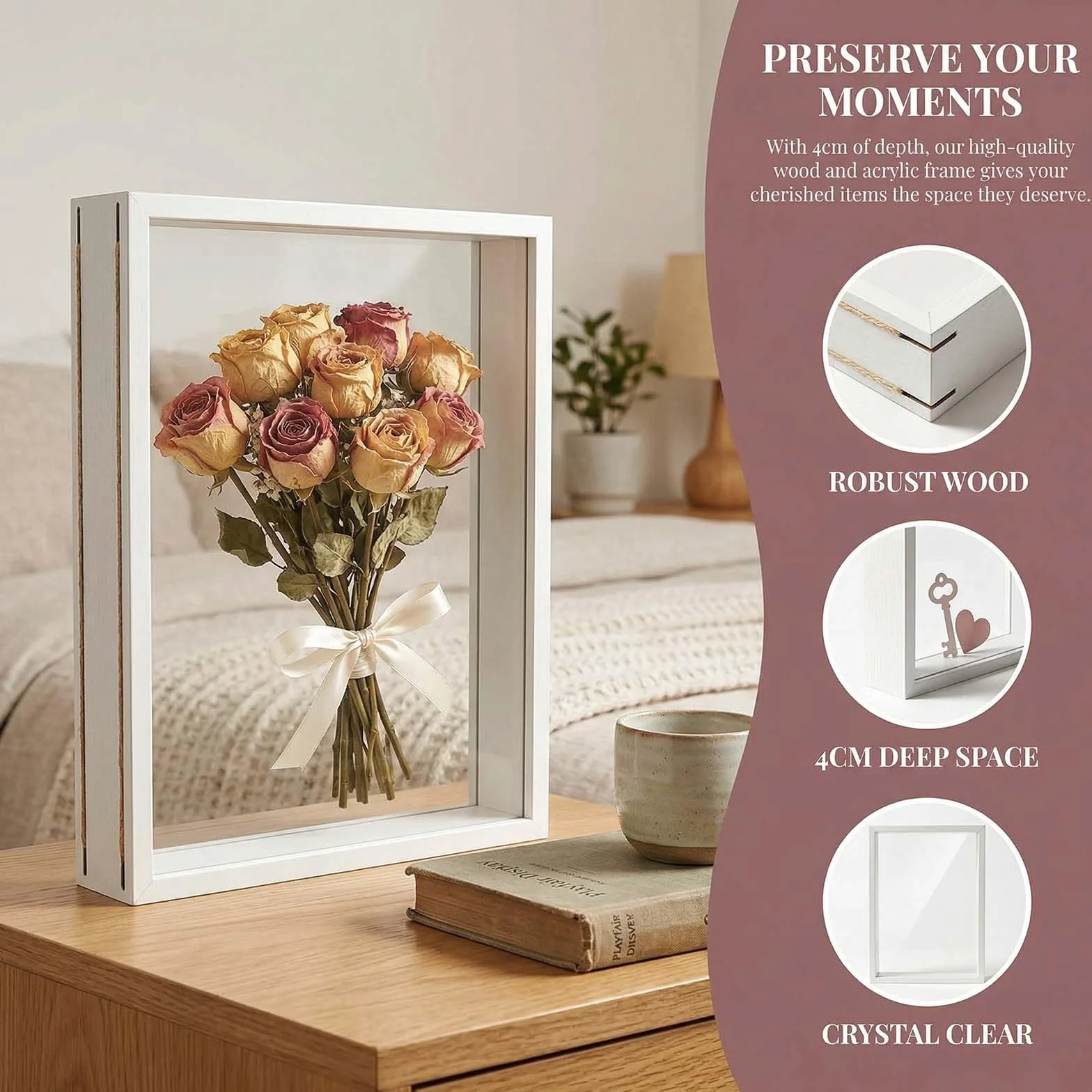 Cadre Photo 3D A4 5cm Bois pour Objet, Boîte d'Ombre Profonde 21x29.7cm Noir