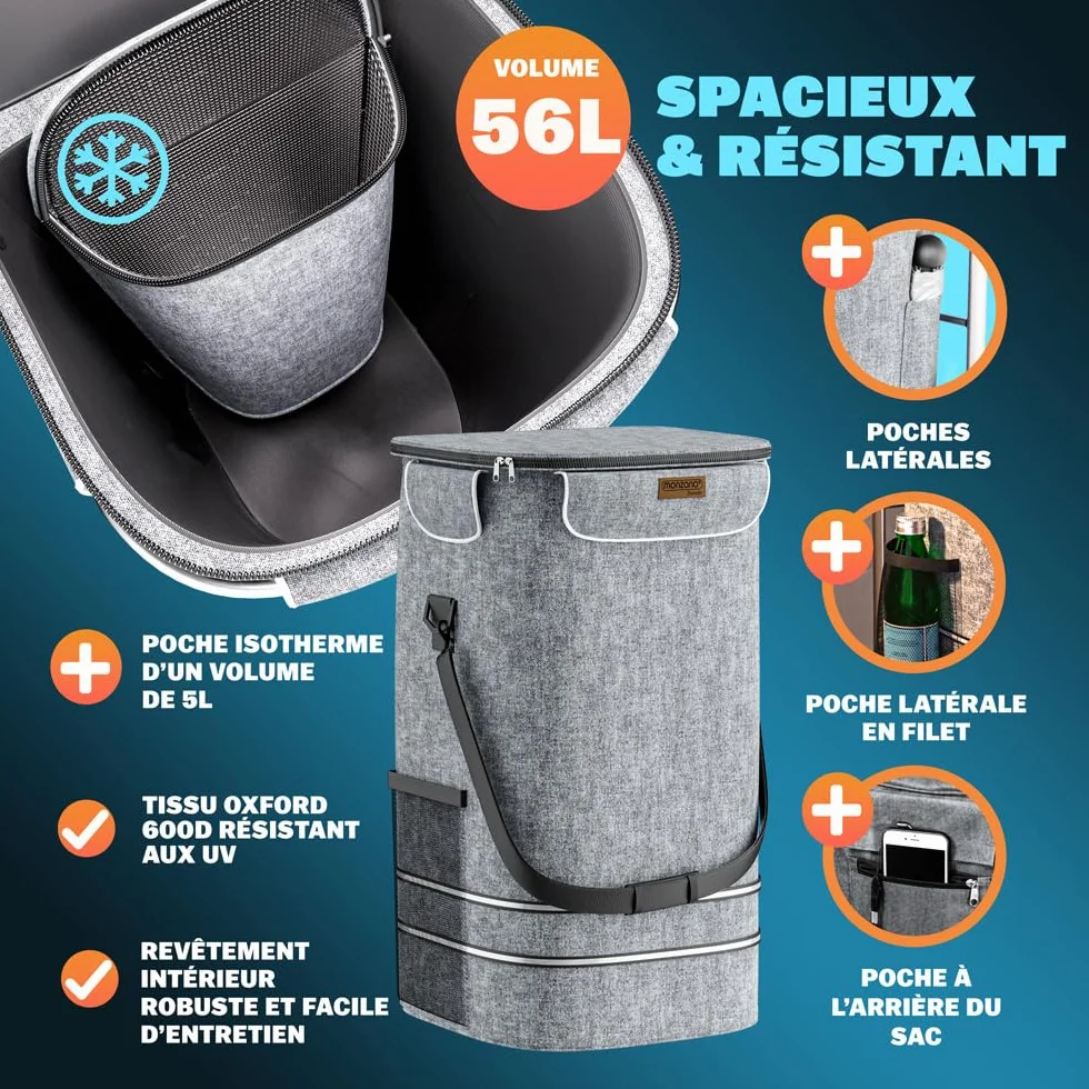 MONZANA Chariot de courses pliable 56 litres 3en1 gris isotherme