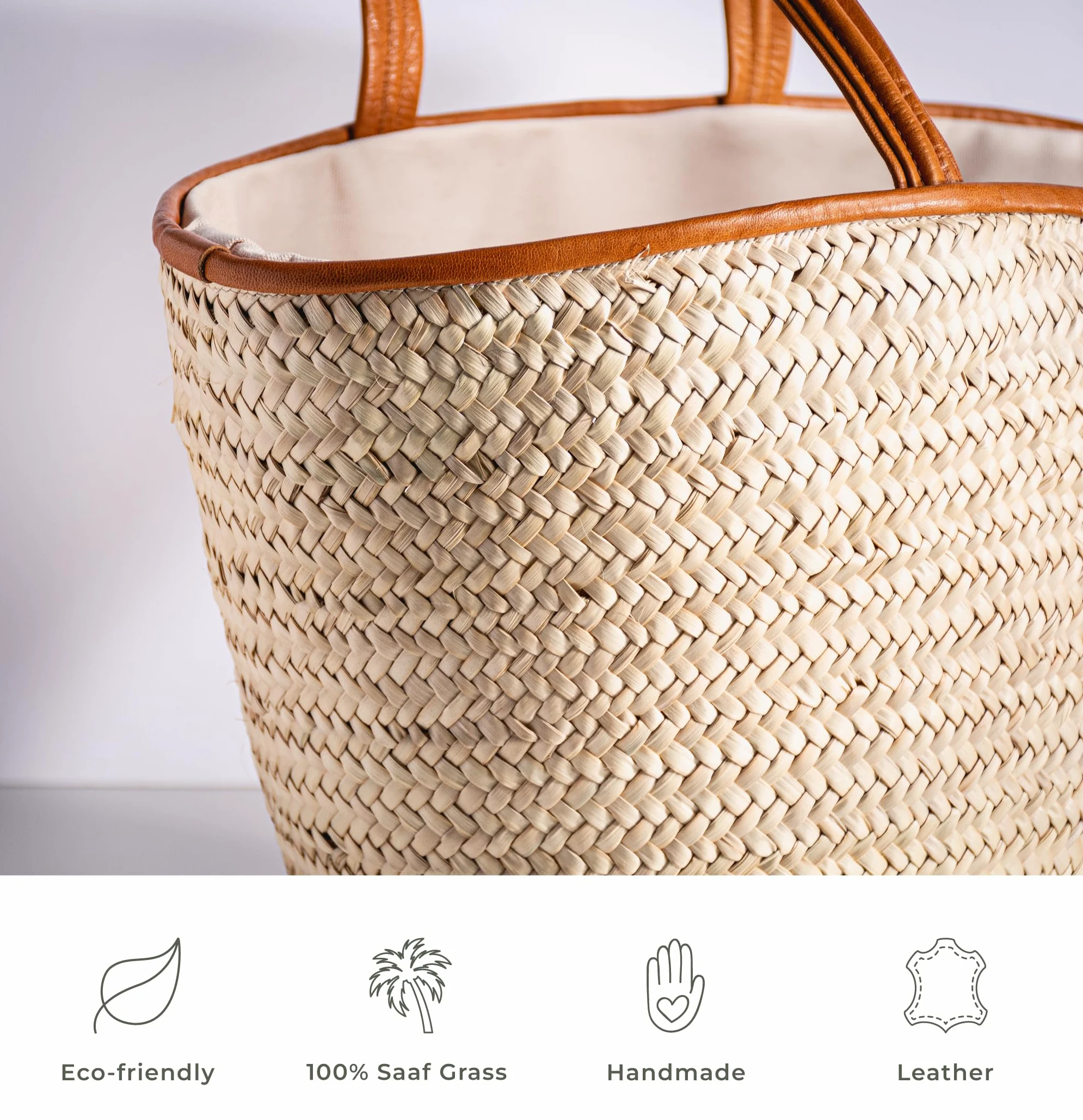 Sac de courses - En Osier Naturel - Avec Doublure et Poche - Finitions et Poignée en Cuir - Pratique, grande capacité et Multi-usage