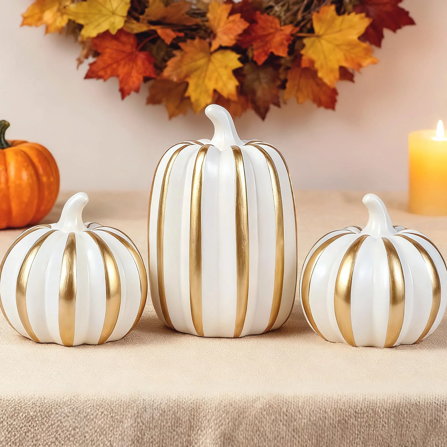 Fangoo 3Pièces Citrouilles Décoratives Résine Blanches pour DéCoration De Table d'automne Halloween RéColte Thanksgiving