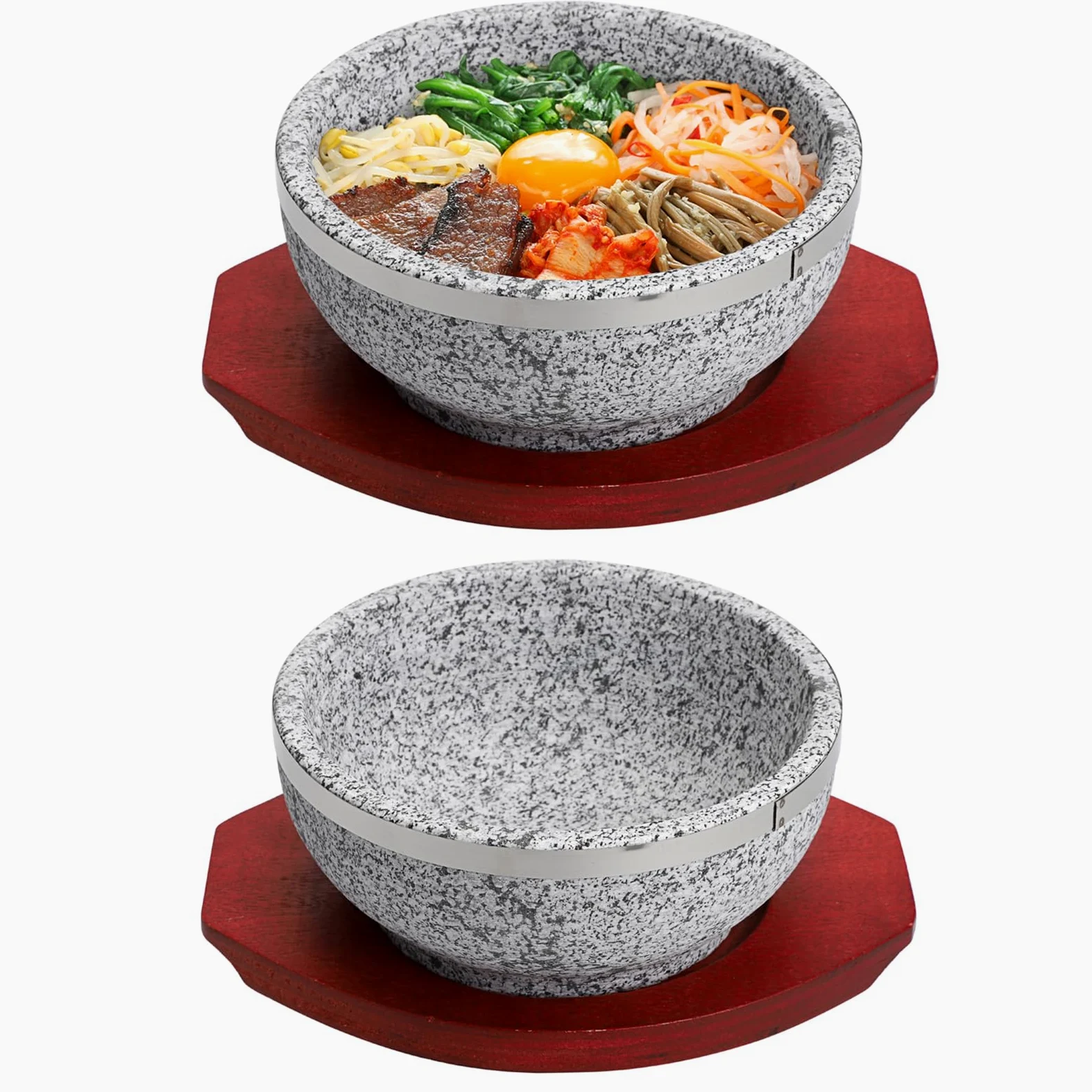 Lot de 2 bols à soupe en pierre coréenne avec plateaux en bois Dolsot Bibimbap en granit