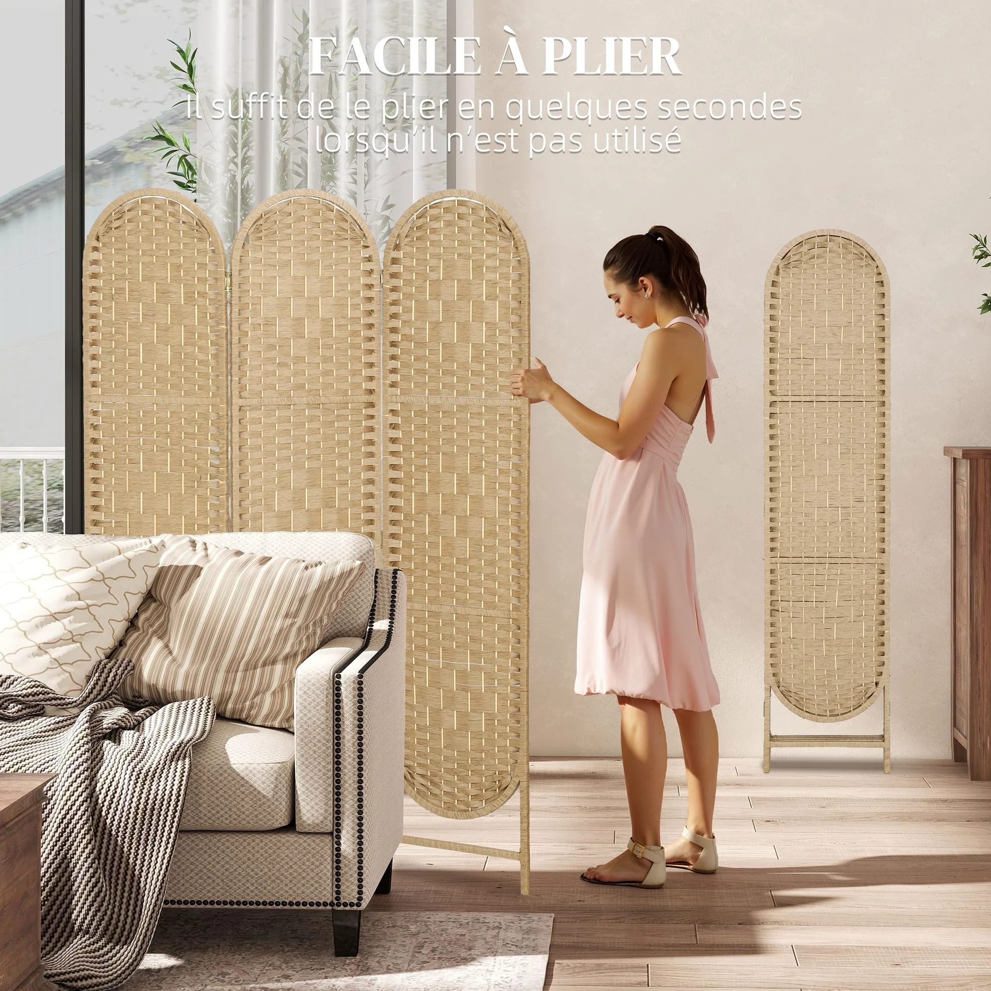 HOMCOM Paravent Interieur Ovale 3 Panneaux Léger 120 x 170 cm Bois Naturel | Séparateur de Pièce Pliable, Tissé, Style Bohème, Cloison de Séparation, pour Salon Chambre à Coucher Maison