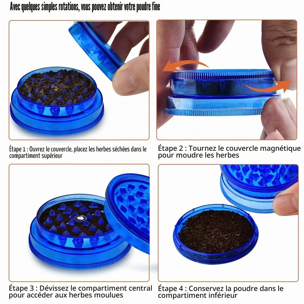 Moulins à herbes en plastique 60mm 3 pièces avec couvercle magnétique étanche Pack x6