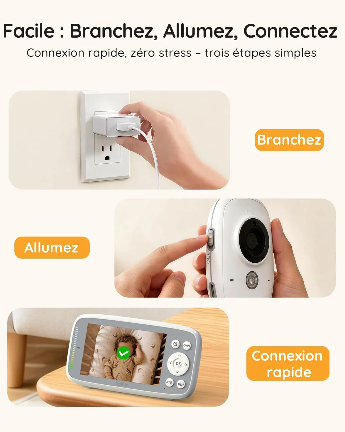 Babyphone Camera Bebe Surveillance sans WiFi, Vision Nocturne Infrarouge Invisible, 4 Pouces HD 720P, Interphone Bidirectionnel