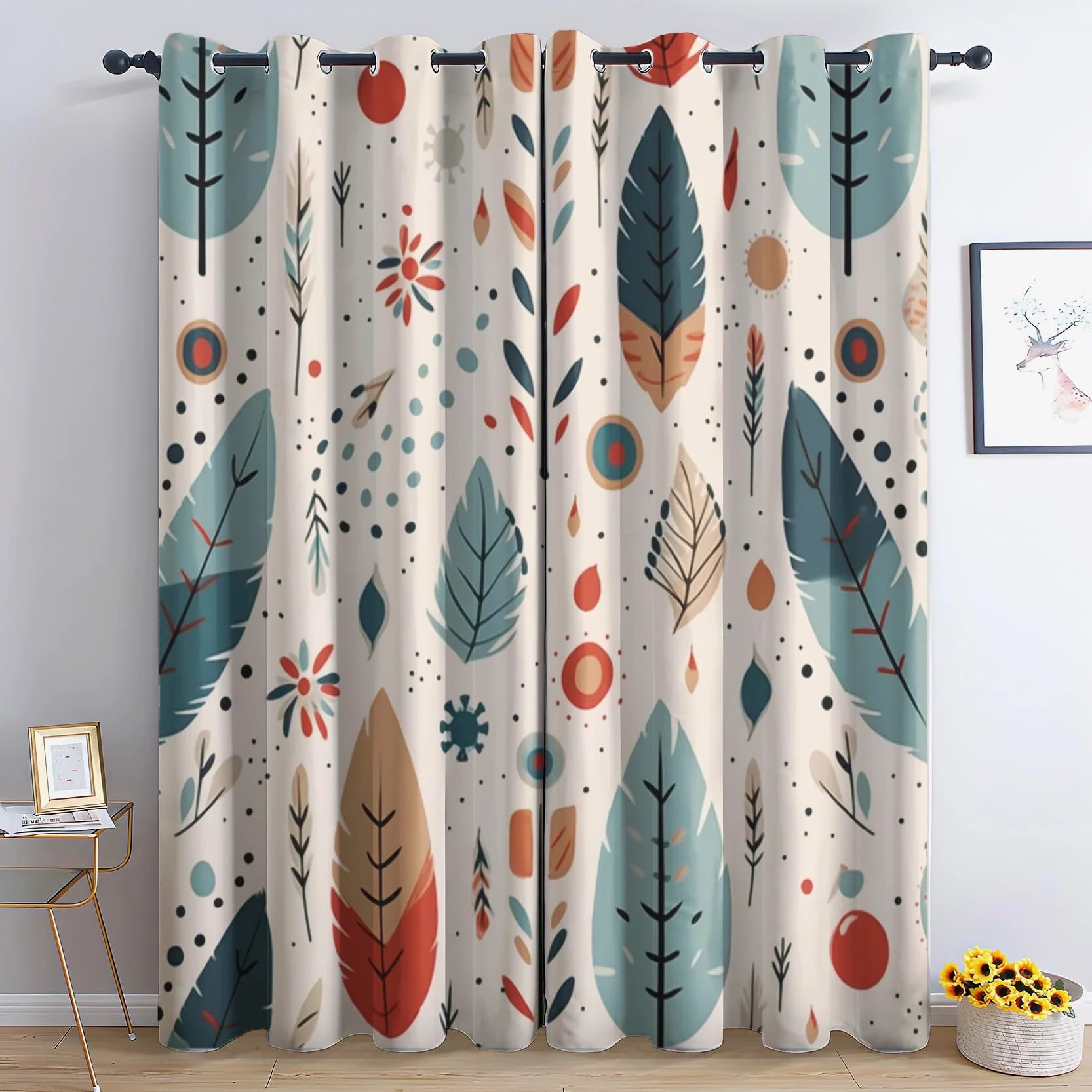 Rideau Occultant Plume De Bohème, Bohémien Motif Rideaux Thermiques à Oeillets, Rideaux Imprimé pour Salon Chambre Fenetre Moderne Décoration, 140x160 cm (L x H), Lot de 2