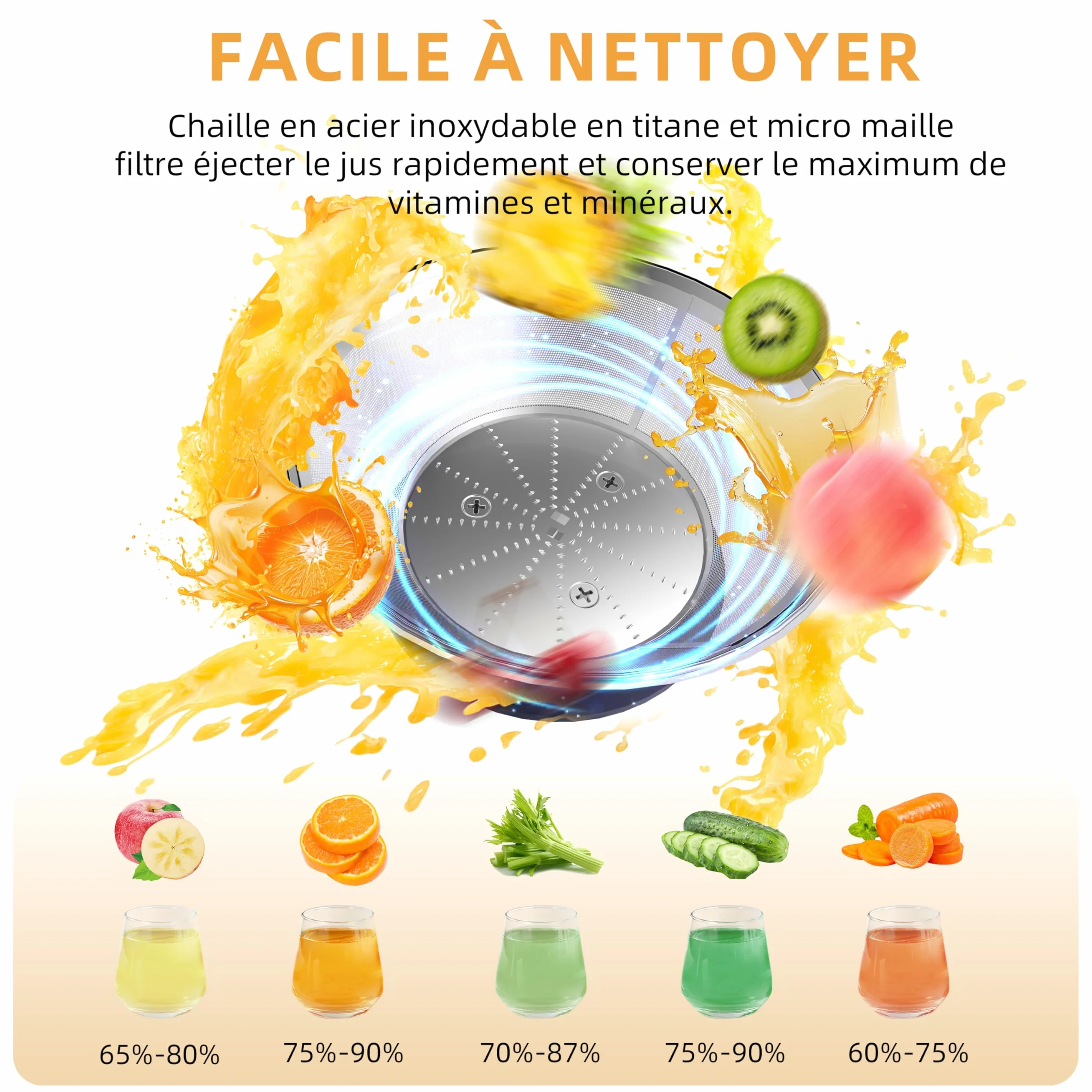 Centrifugeuse Extracteur de Jus 800W, 3 vitesses, bouche 75 mm, acier inoxydable sans BPA