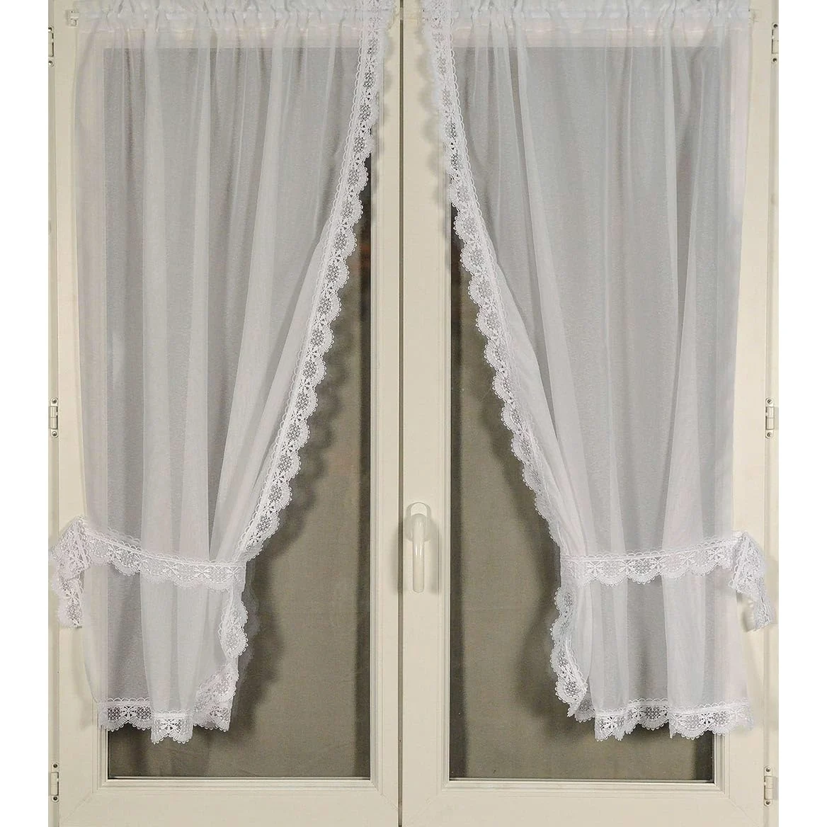 Paire de Rideaux Bonne Femme à Bord Macramé - Polyester - Style Traditionnel et Moderne - Ourlet Passe Tringle - Prêts à Poser - 95 x 160 cm - Blanc