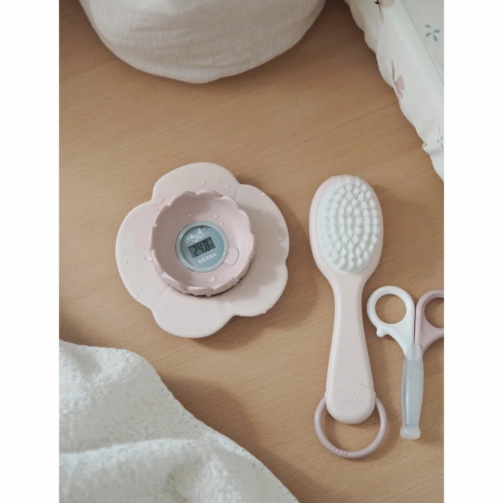 Béaba Thermomètre de bain Lotus Digital Multifonctions Prise température pièce et bain Forme Fleur Old Pink