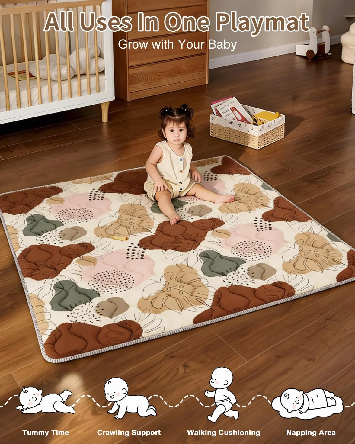 Tapis d'éveil Bébé 127x127cm Antidérapant Lavable en Machine Pliable Style Bohème