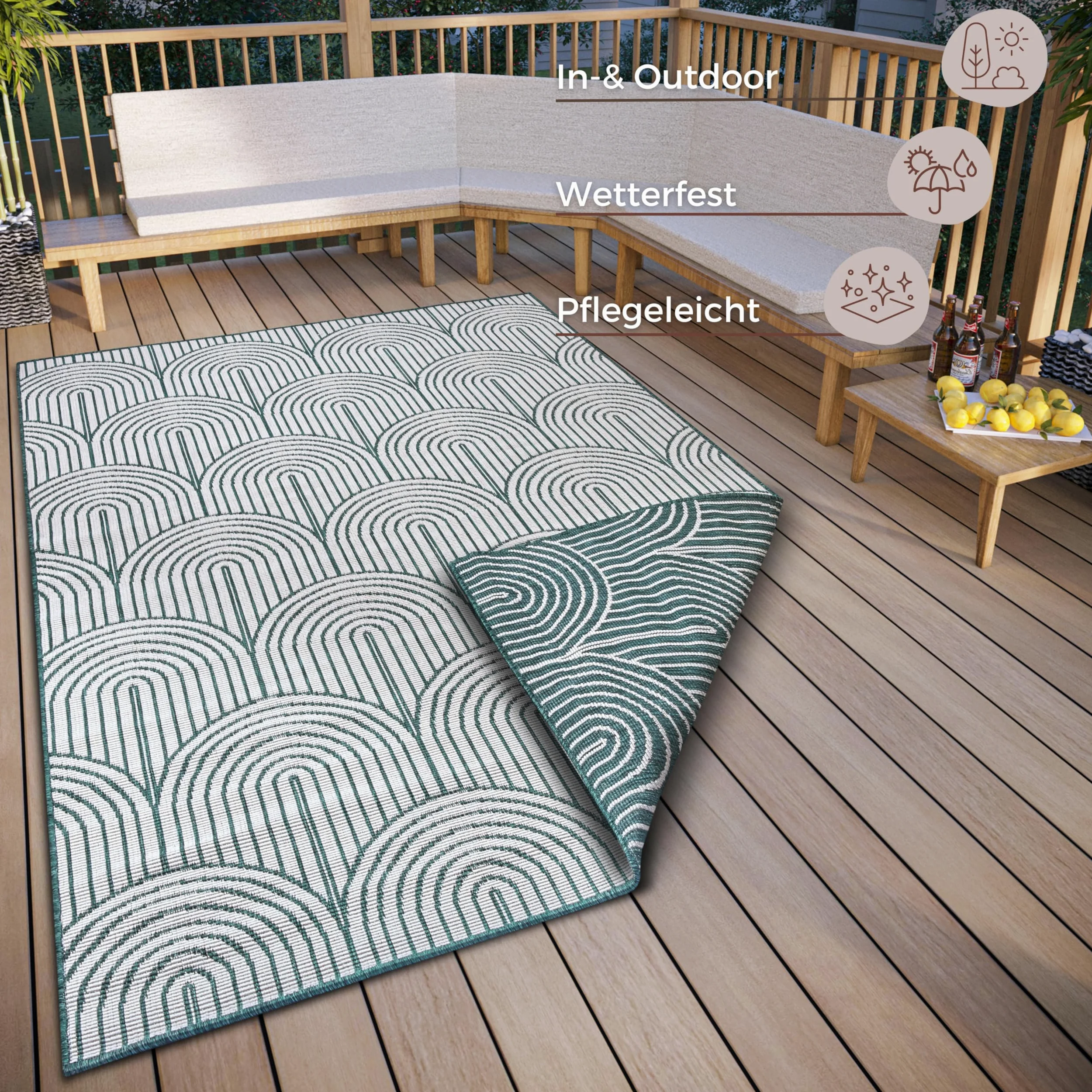 Hanse Home Pangli Tapis d'extérieur résistant aux intempéries, réversible, style scandinave, bohème, imperméable, couleur unie, géométrique, effet 3D, pour jardin, balcon, terrasse, salon, vert, 120 x