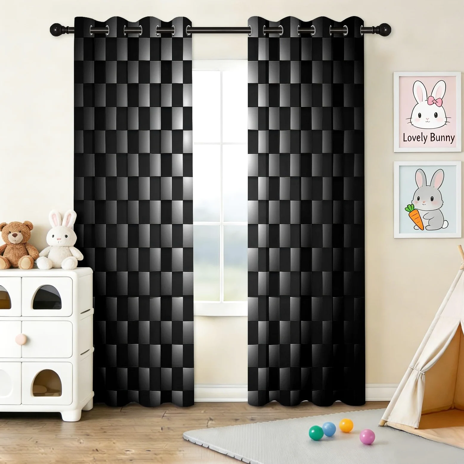 CozyRest Rideaux occultants Style technologique 280 x 245 cm, Motif Carreaux Noir Gris Géométrique Rideaux à œillets pour Chambre d'enfant Décoration de fenêtre Isolation Thermique (2 Panneaux)