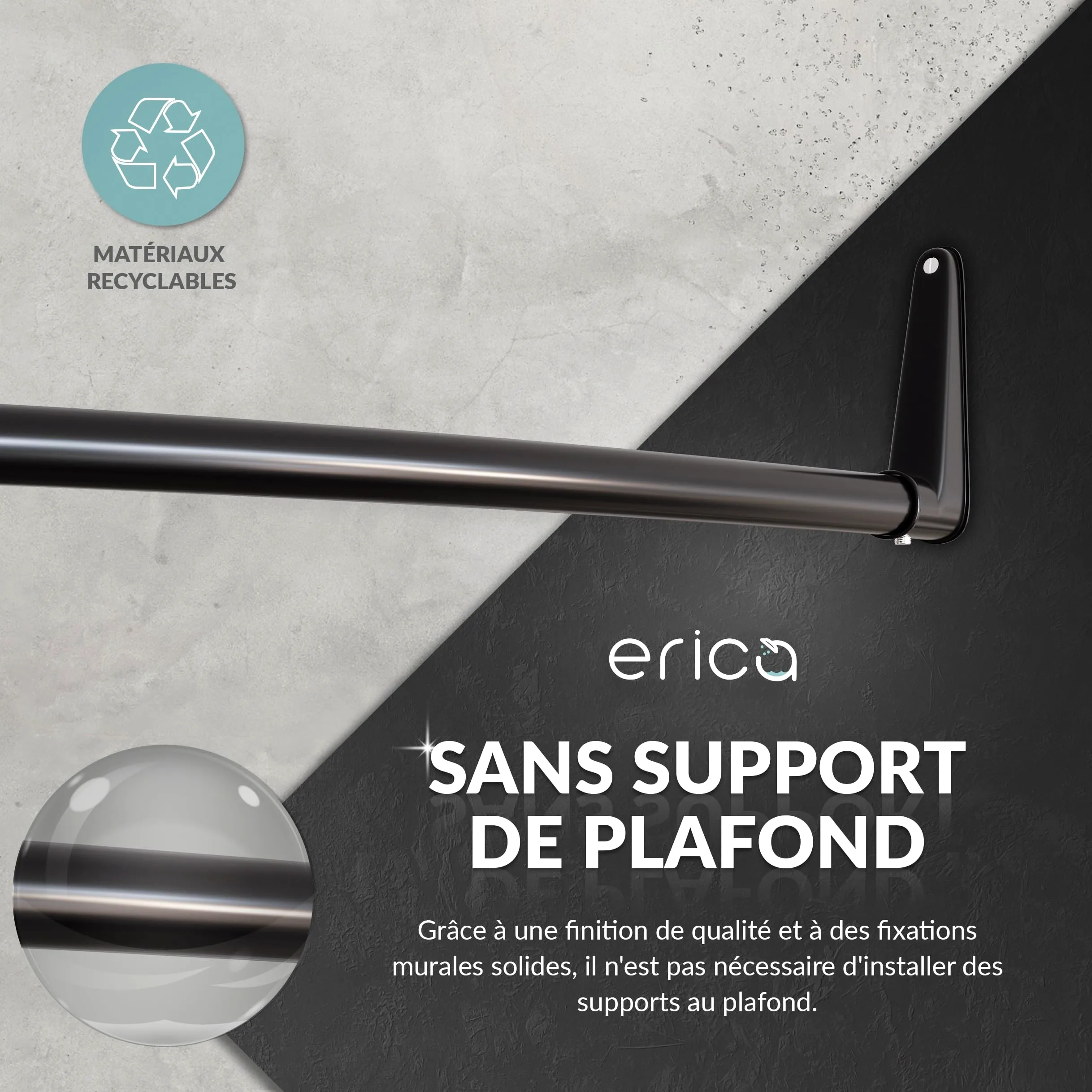 Erica Barre de Rideau de Douche D'angle 140x140cm, 100% Antirouille – Gris | 140x140 cm, Fixation Murale - sans Fixation au Plafond, Barre de Douche Incurvée, Acier Thermolaqué Gris, 100% Antirouille