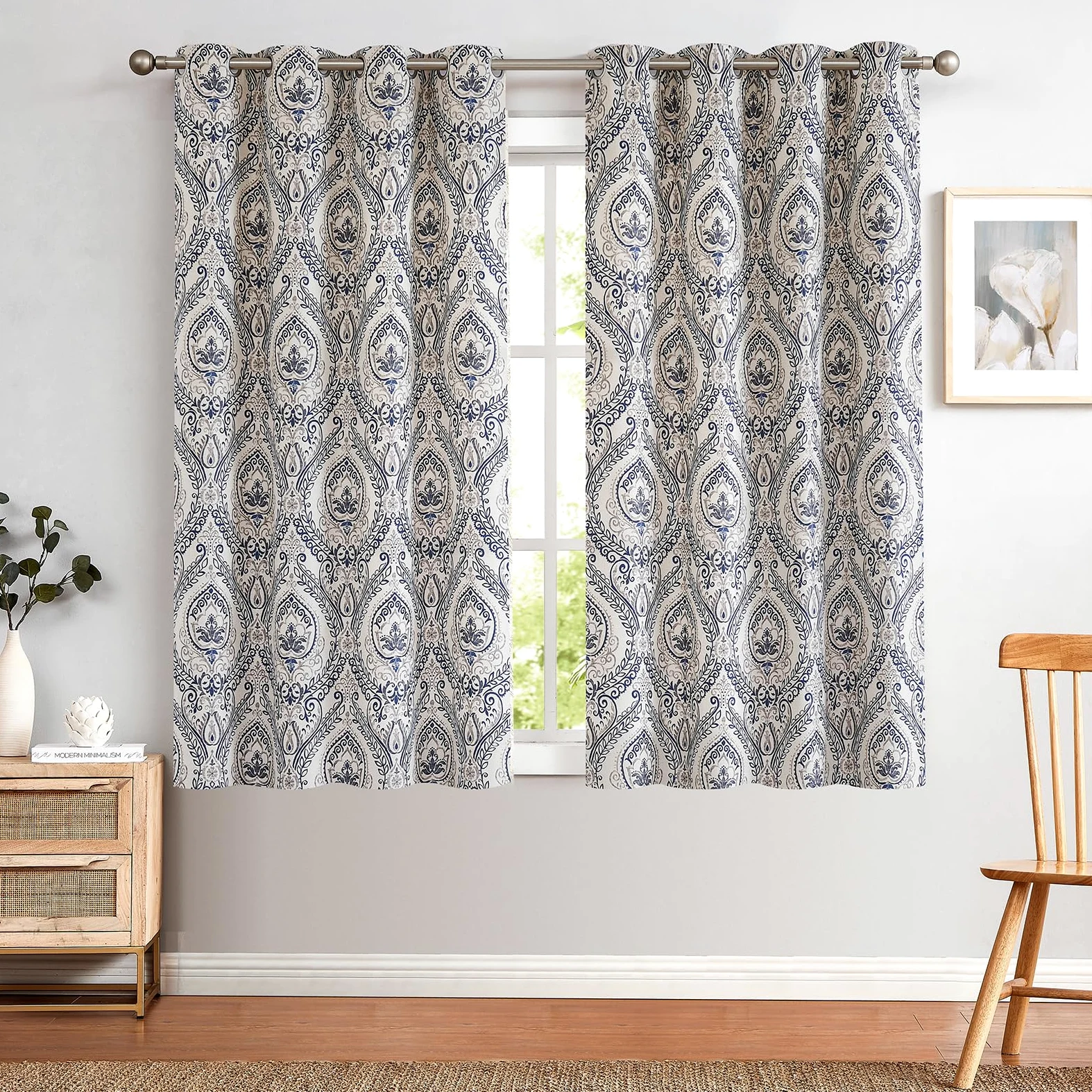 TOPICK Lot de 2 Rideau Occultant avec Oeillets Bleu Rideaux Thermique Isolant Anti Chaleur Double Rideau Fenêtre Aspect Lin Rideau Opaque avec Motif Oriental Vintage Salon Chambre 130 x 175cm (L x H)