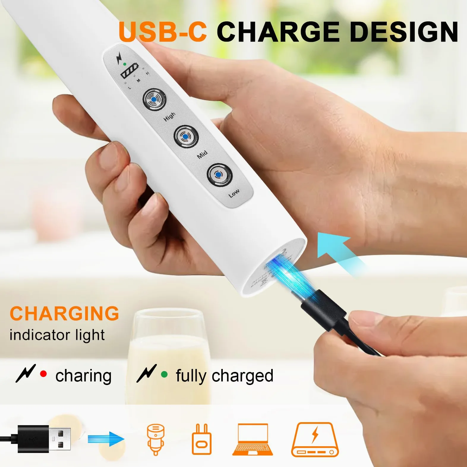 YUSWKO Mousseur à lait rechargeable pour café avec support, mélangeur portatif avec 3 têtes, 3 vitesses, agitateurs électriques pour latte, cappuccino, chocolat chaud, œuf – Blanc