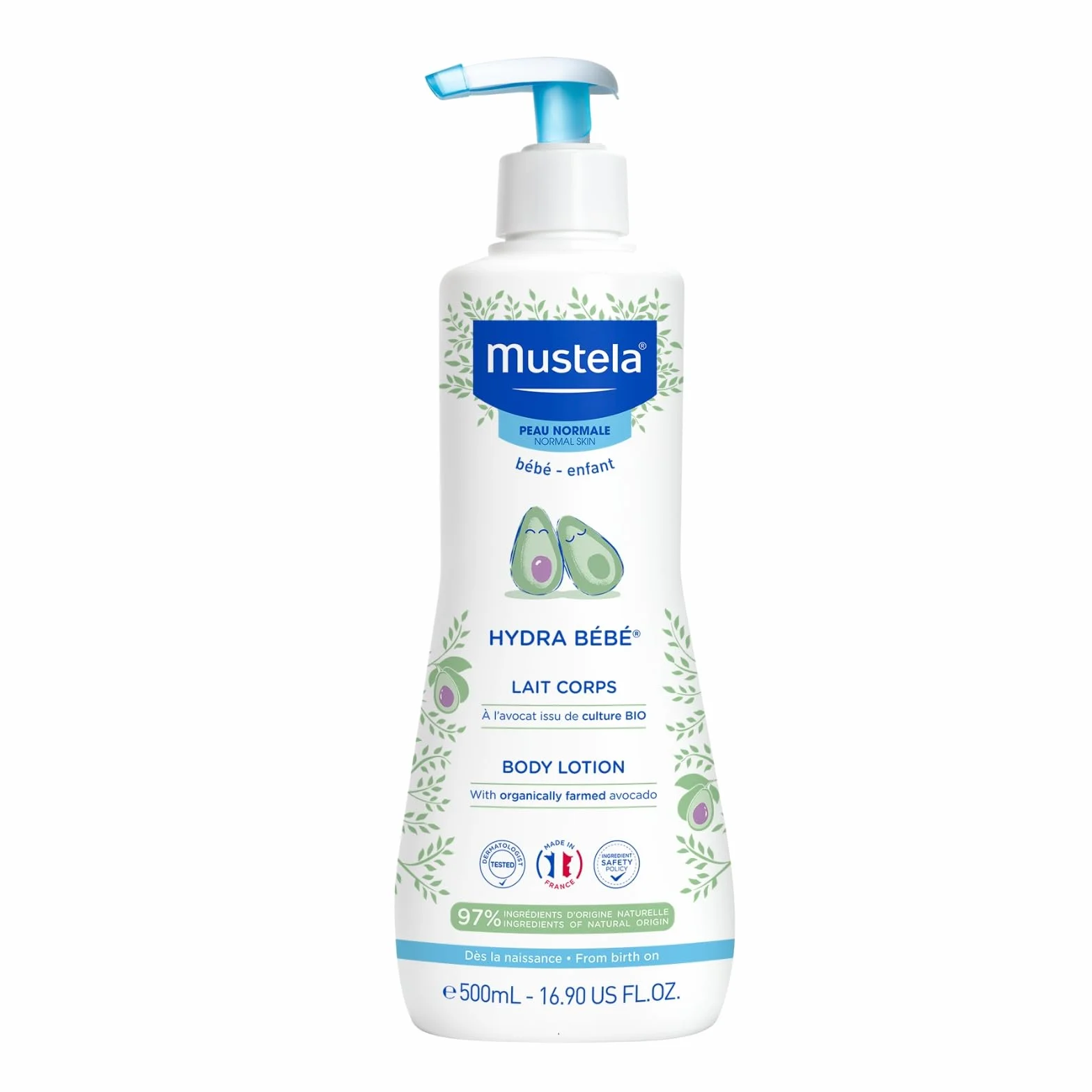 Mustela Hydra Lait Corporel 500ml – Bébé, Enfant, Famille – à la Perséose d'Avocat BIO & Vitamine E – Hydrate et adoucit la peau