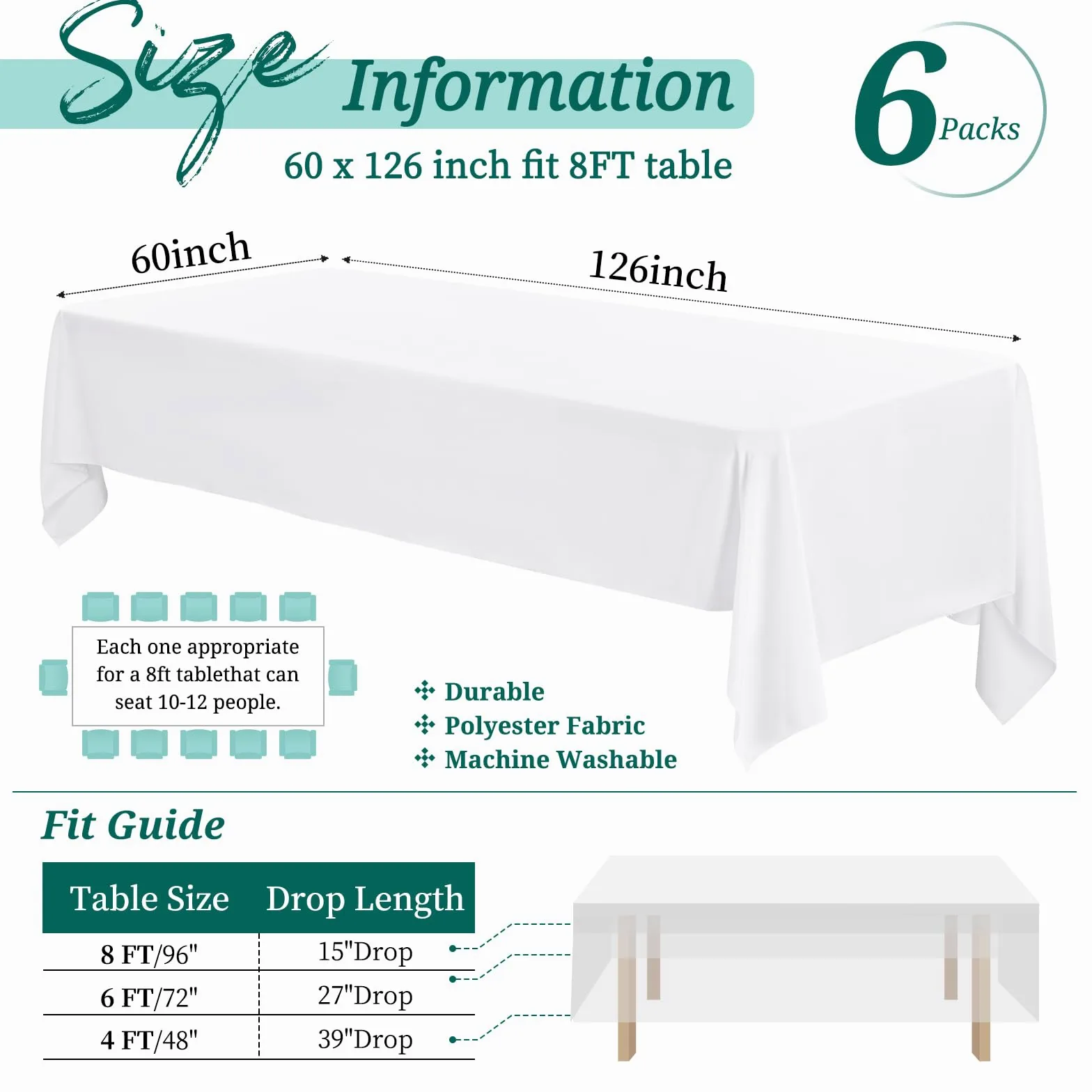 Showgeous Lot de 6 Nappes Rectangulaires 153x320cm en Coton Blanc, Housses de Table Lavables pour Mariage, Banquet, Restaurant