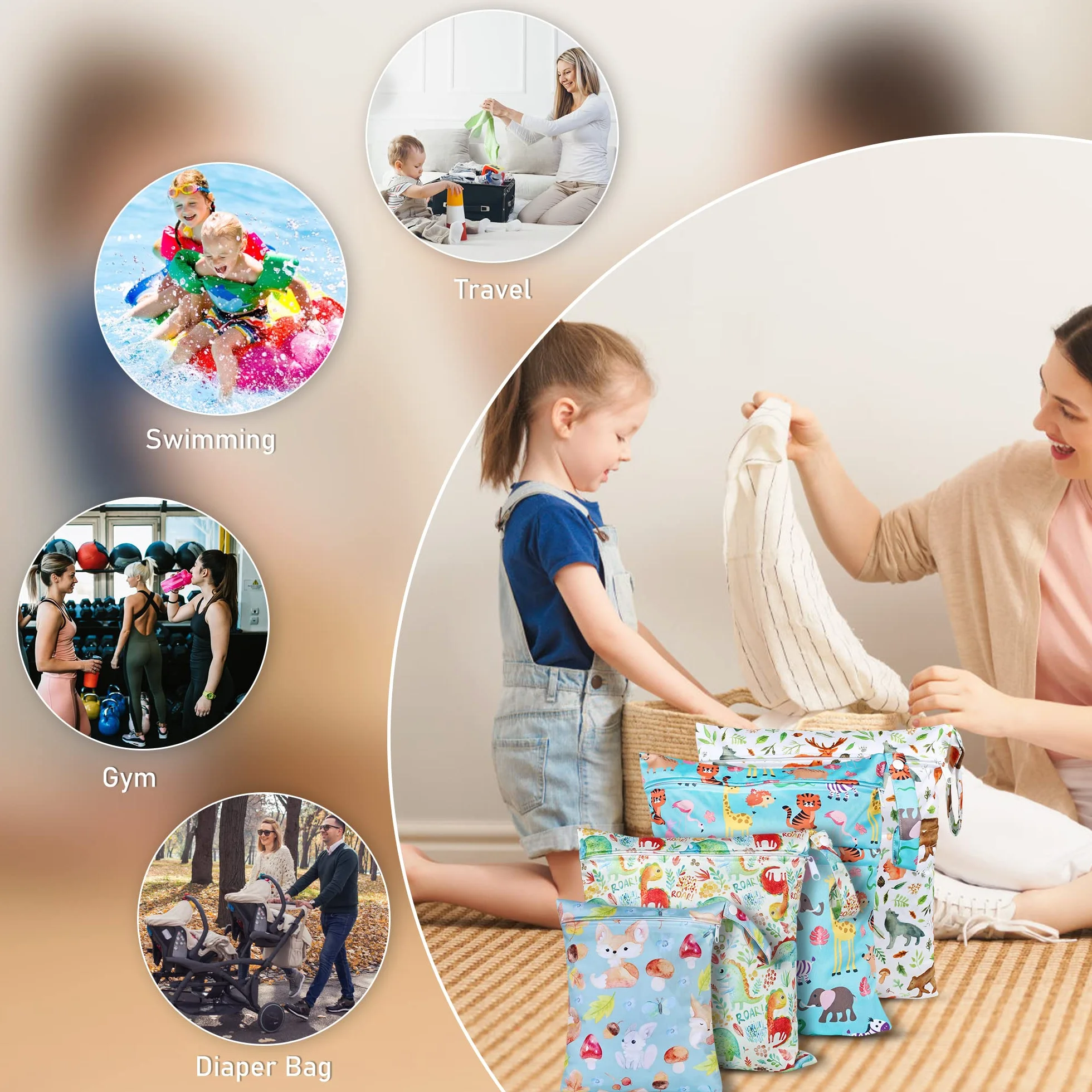 Lot de 4 sacs à couches imperméables en tissu avec fermeture éclair pour bébé