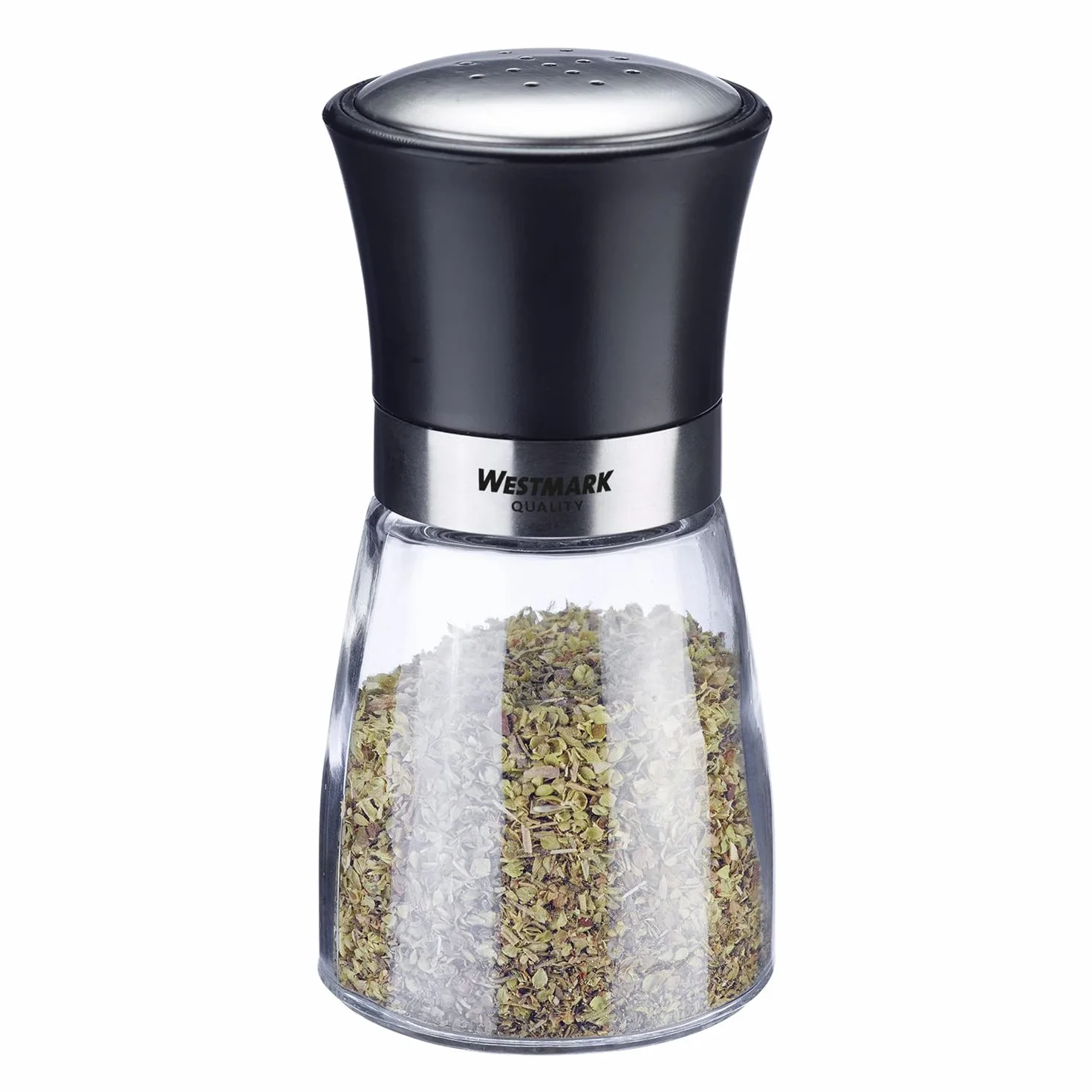 Westmark Pot à épices avec couvercle aromatique, perforation fine, 190 ml, verre/acier inoxydable/plastique, transparent/noir/argenté