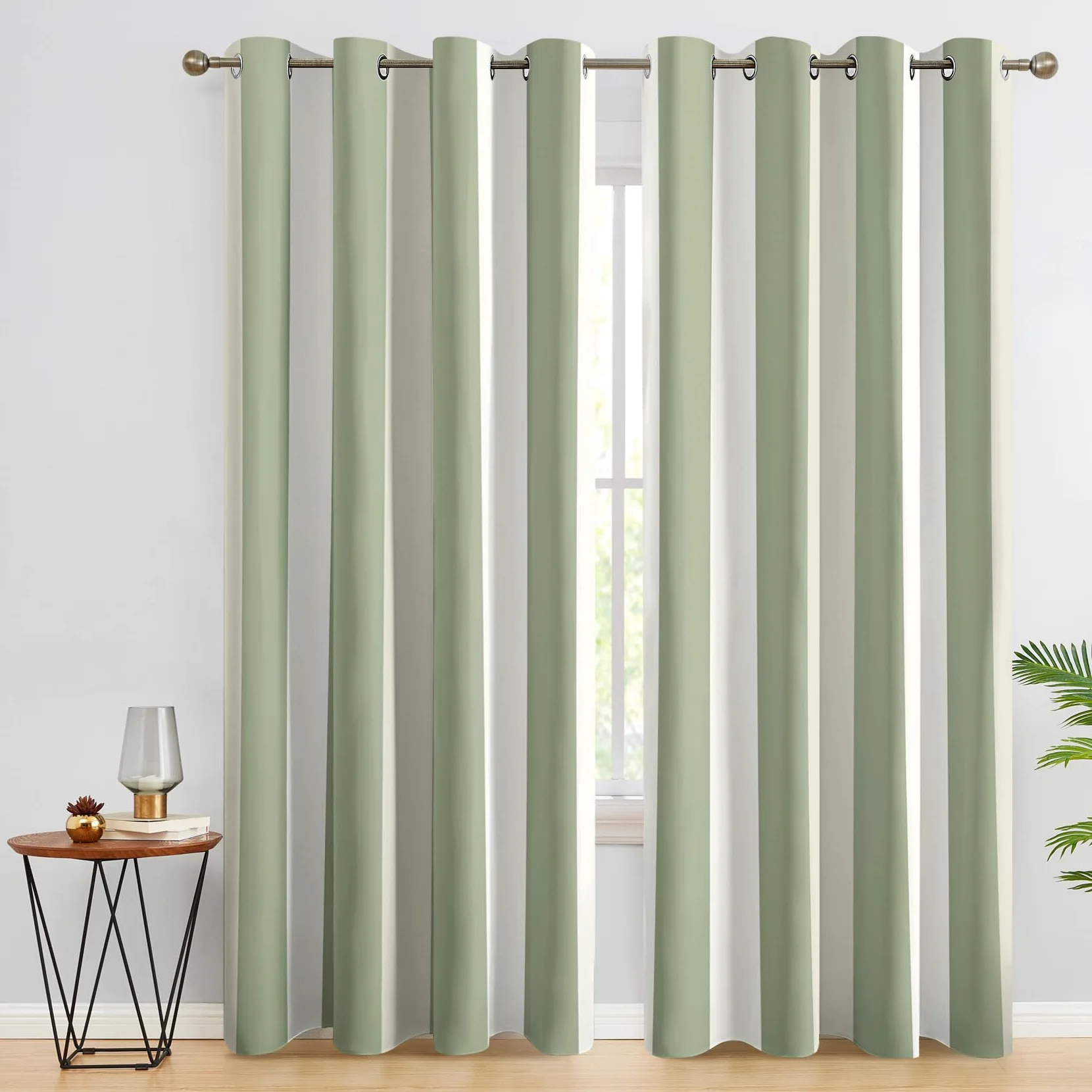 Rideau Occultant Rayures, Rideaux Motif Rayée Vert Sauge, Rideau Thermique à Oeillets, Rideau Fenetre Imprimé pour Salon Chambre, Lot de 2 Rideaux et Draperies Intérieurs, 140x220 cm