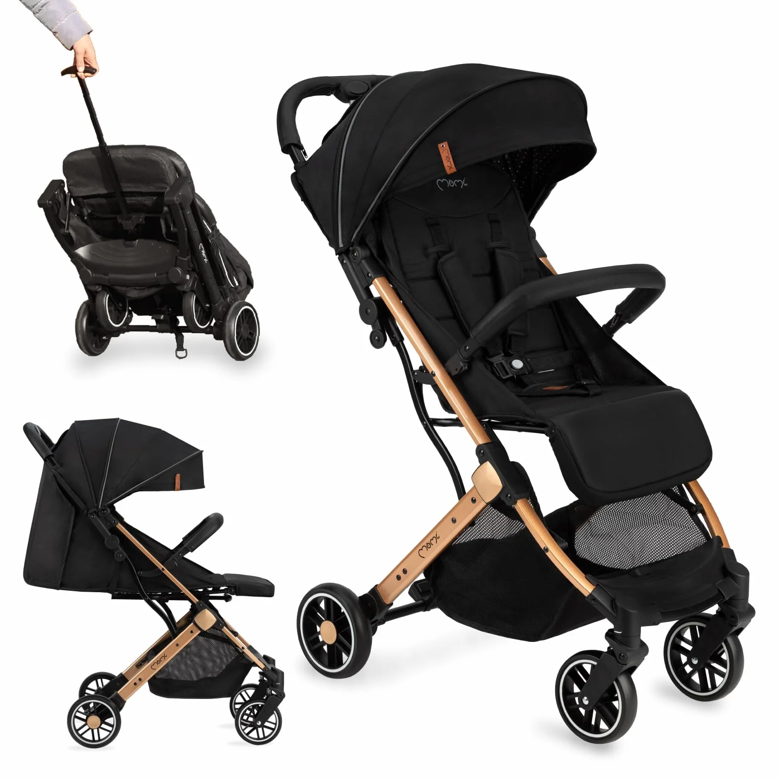 MoMi ESTELLE Poussette compacte légère pliable 6 mois 15 kg dossier inclinable repose-pieds réglable roues amorties grand panier harnais 5 points