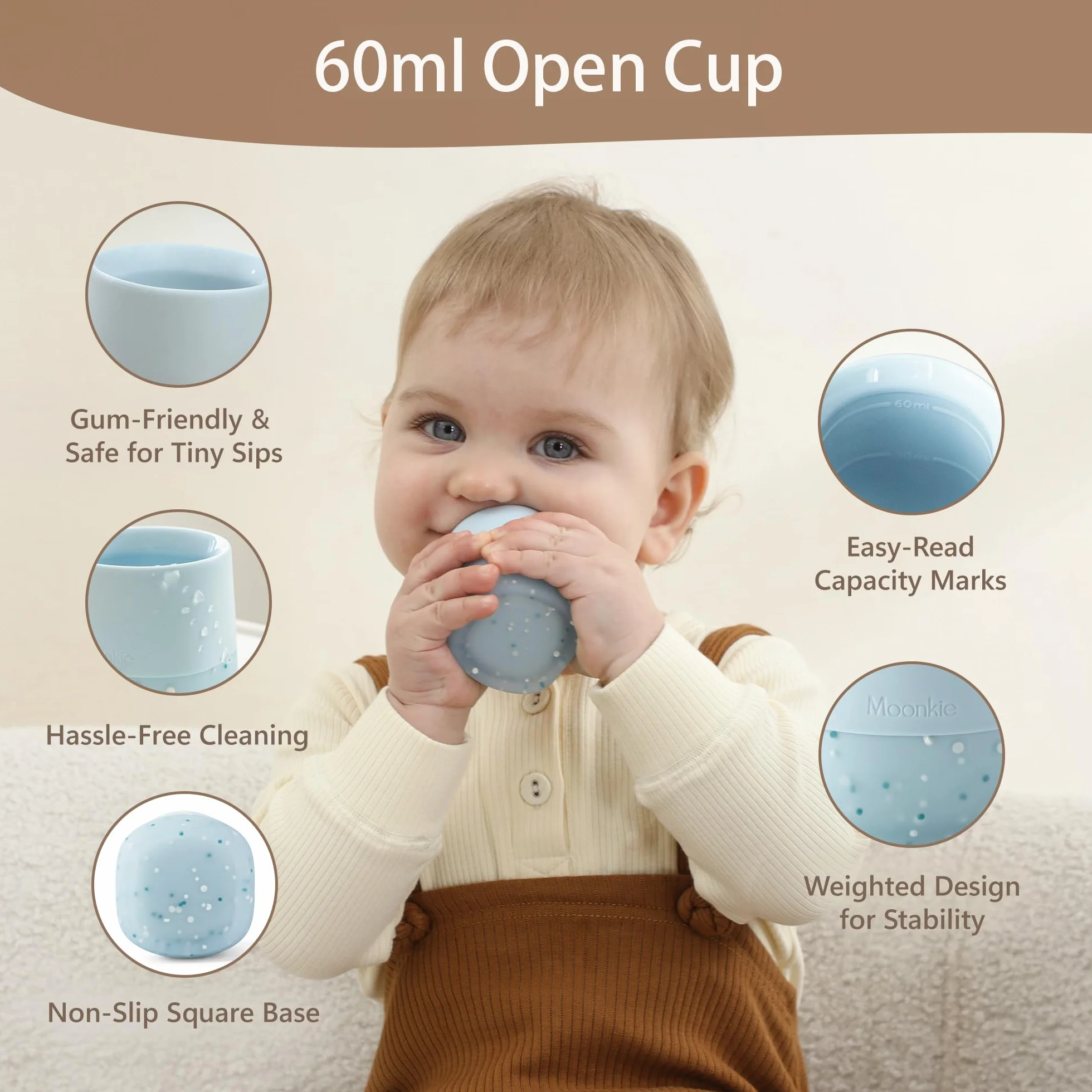 Moonkie Verre Bebe 60ml Lot de 2 Gobelets en Silicone Base Lestée Tasse Bebe Ouverte 4 Mois+ Sans BPA