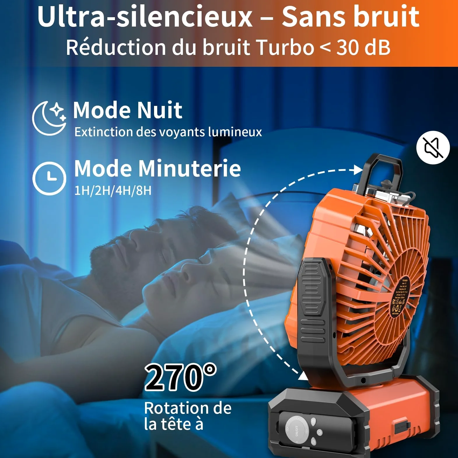 Ventilateur Camping Silencieux avec Lumière, Ventilateur Sans Fil Portable, Mist Fan Batterie Rechargeable 20000mAh avec Rotation et Minuterie, Crochet de Suspension pour Car Extérieur Bureau - Orange | Mist Fan Batterie Rechargeable 20003mAh avec Rotatio