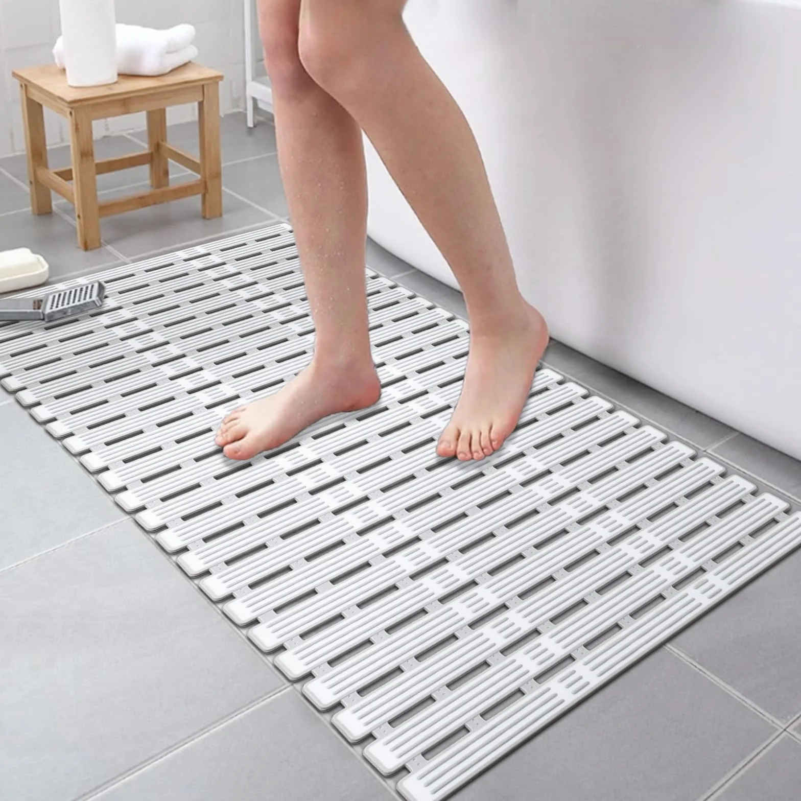 Tapis de Baignoire Antidérapant 90x40cm PVC Sans BPA & Latex Gris-Blanc