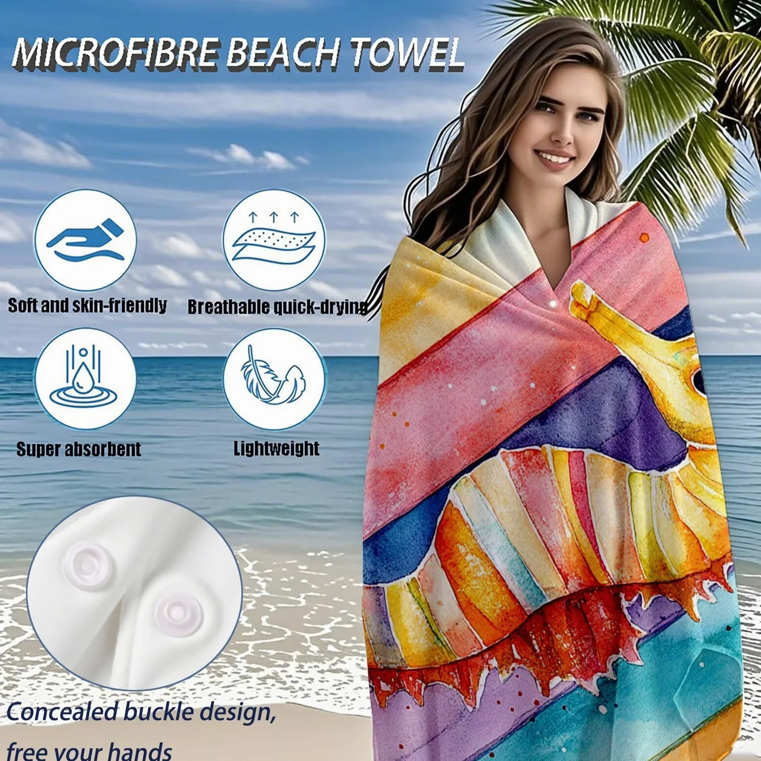Serviette de Plage XXL 100x200 cm,Hippocampe Serviette Plage Microfibre avec Séchage Rapide, Anti-Sable, Absorbante Fonction Design pour Vacances Piscine Pique-Nique Voyages Yoga, Cadeau Femme Q-686