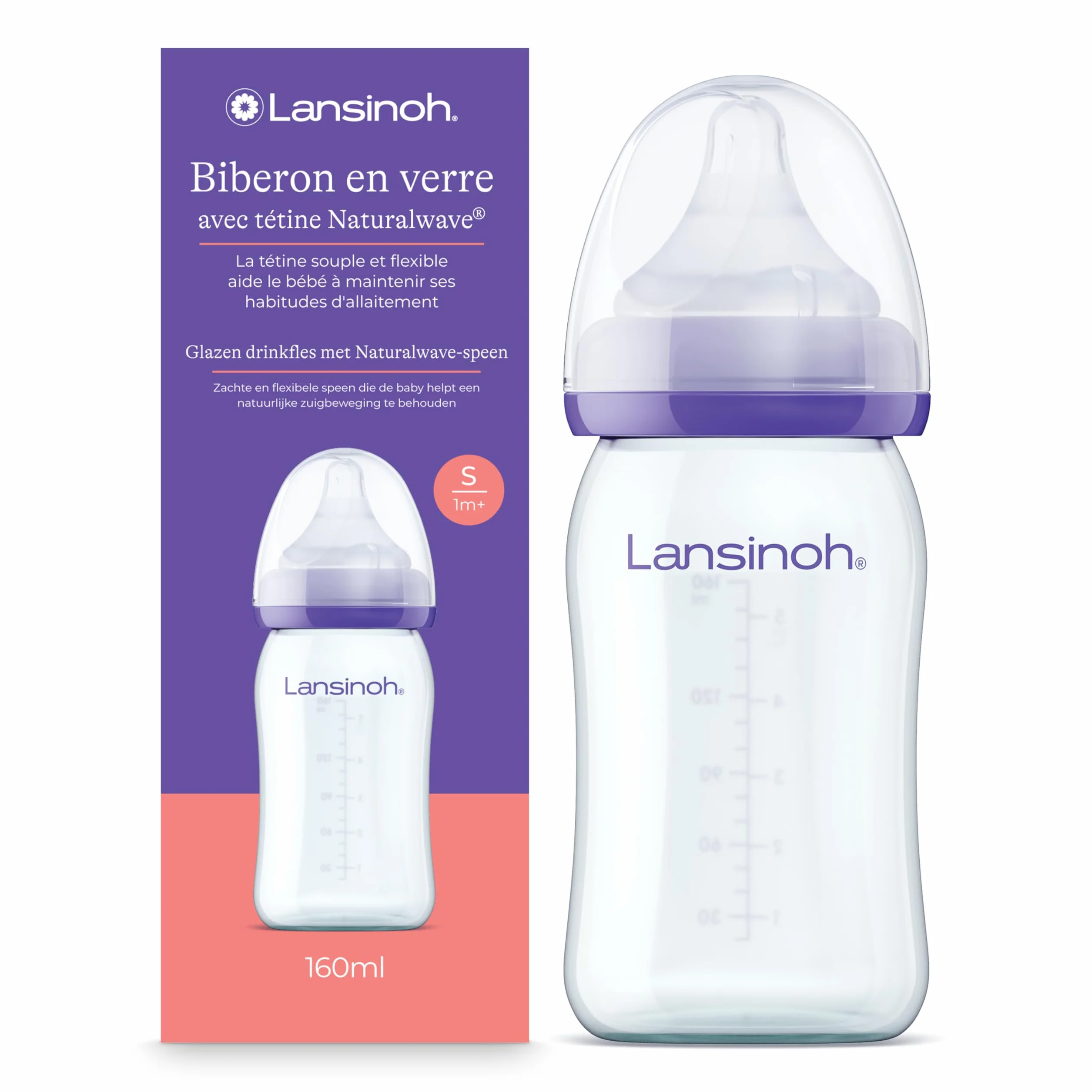 Lansinoh Biberon Verre NaturalWave® 160 ml Tétine Souple Anti-Colique Sans BPA