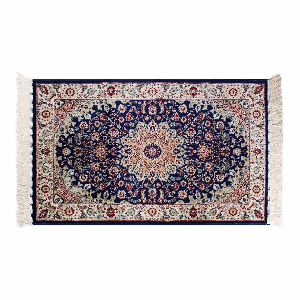 Tapis oriental perse classique SaRani avec frange dorée décor bleu bordeaux vert (140 x 200 cm, Bleu)