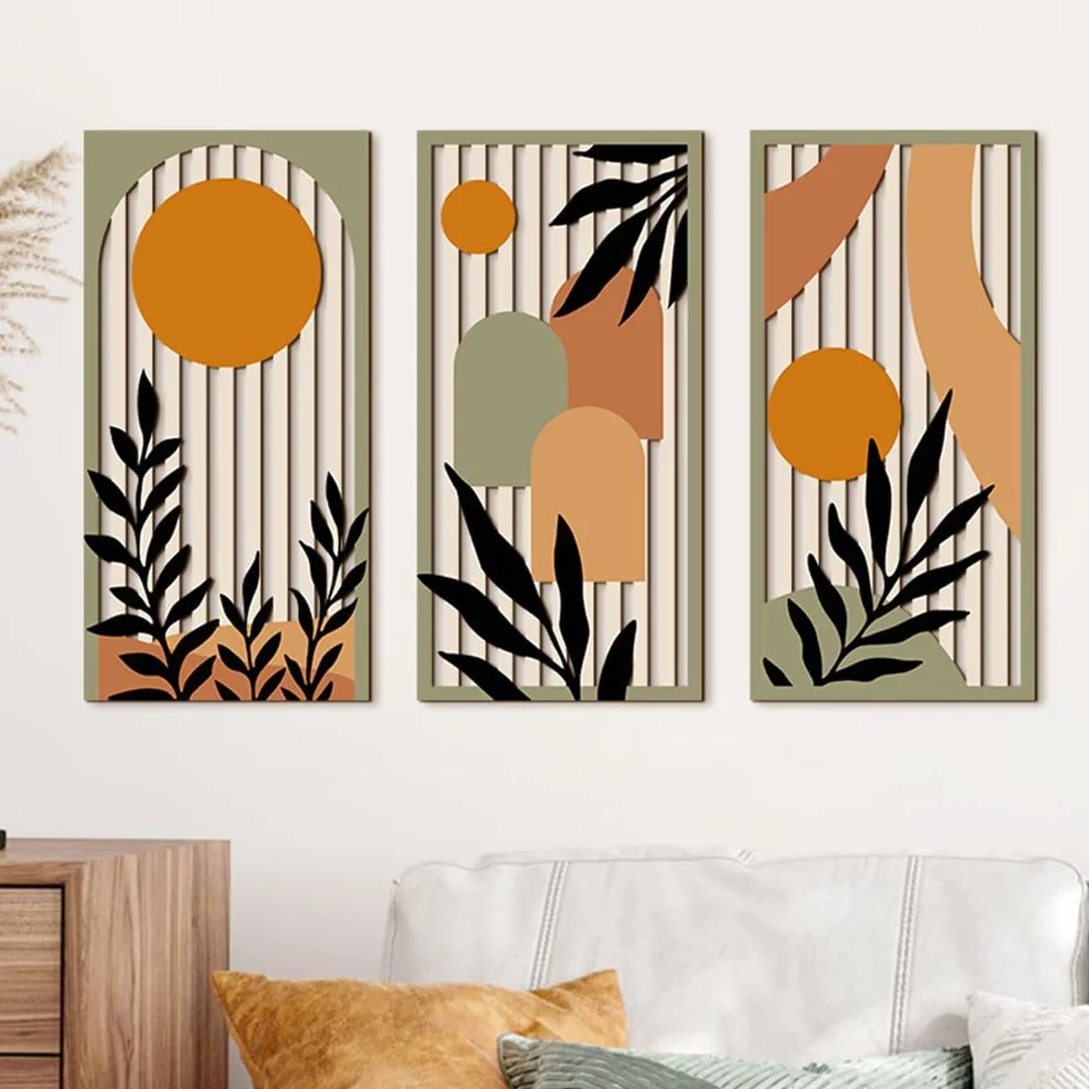 KiKiHong Décoration Murale en Bois Set de 3, Tableaux Murs Bois Motif Plantes & Géométrique Moderne 40 x 20 cm
