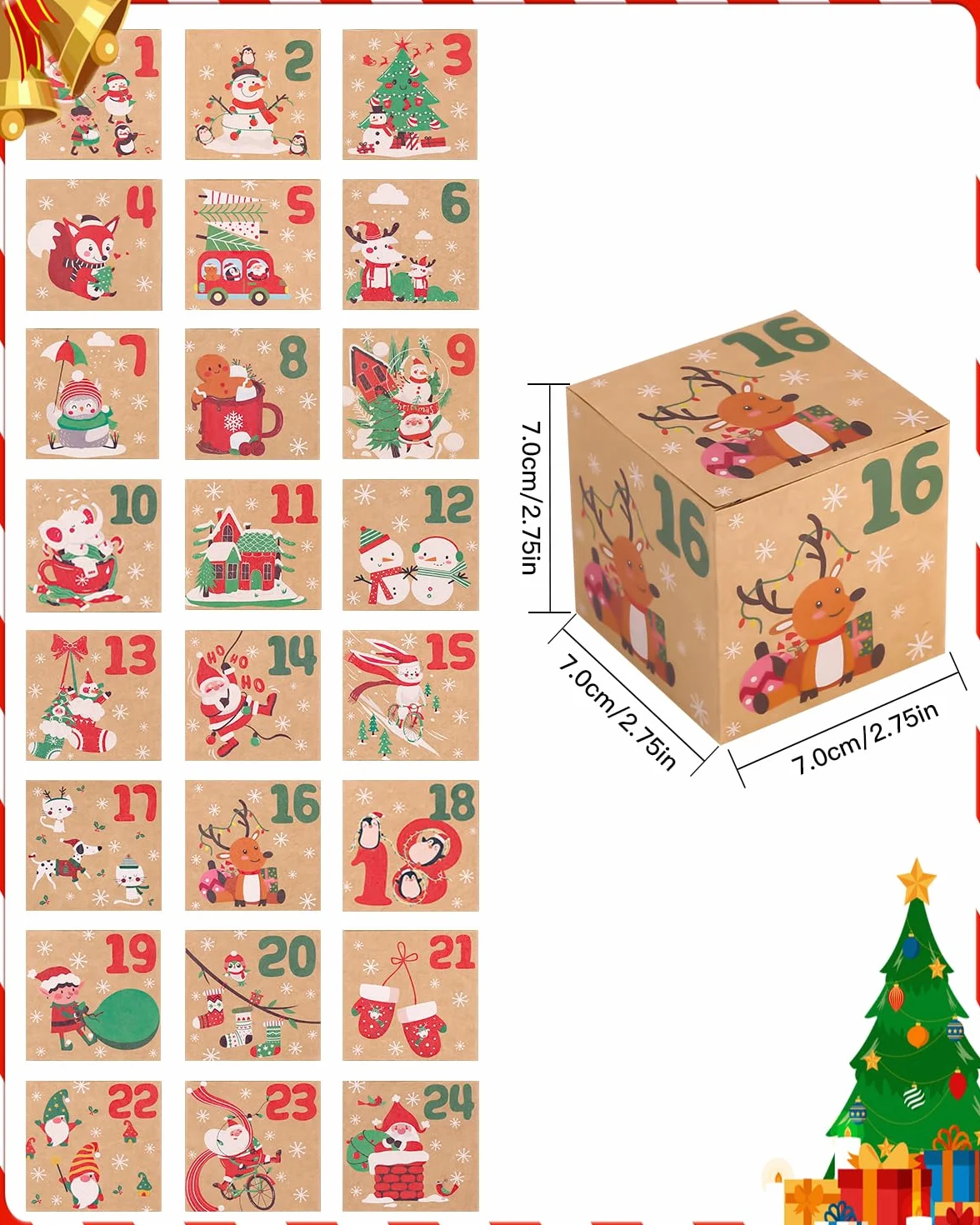 Calendrier de l'Avent 24 pièces Boîtes Kraft DIY Set Cadeau Noël