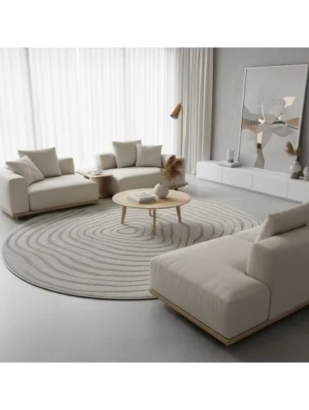 Tapis Rond Moderne à Relief Fluide avec Lignes organiques superposées - Dimension 120 cm Ronde, Couleur Gris