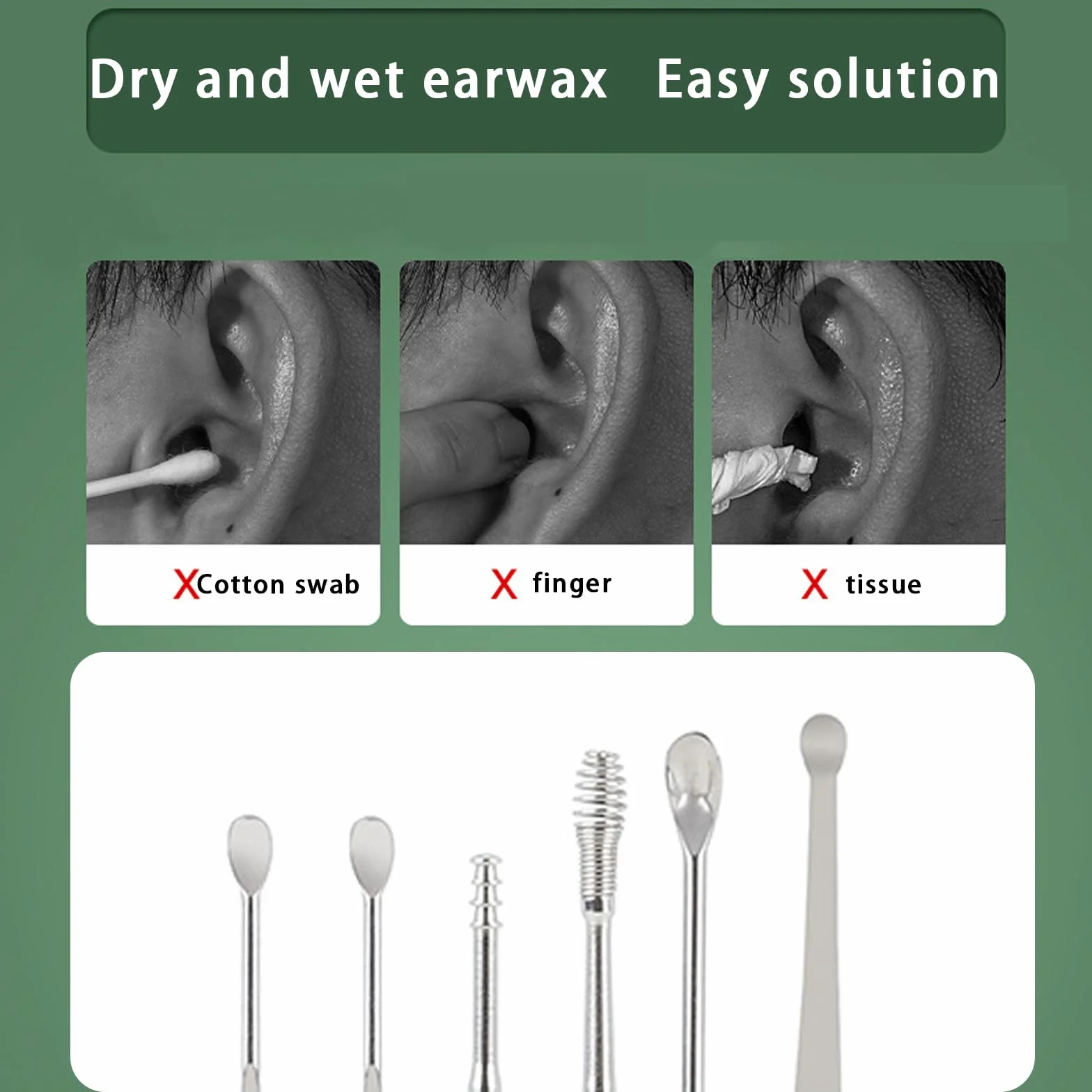 Kit d'extraction du cérumen avec 16 embouts en silicone doux, 6 embouts en acier inoxydable et sac portable