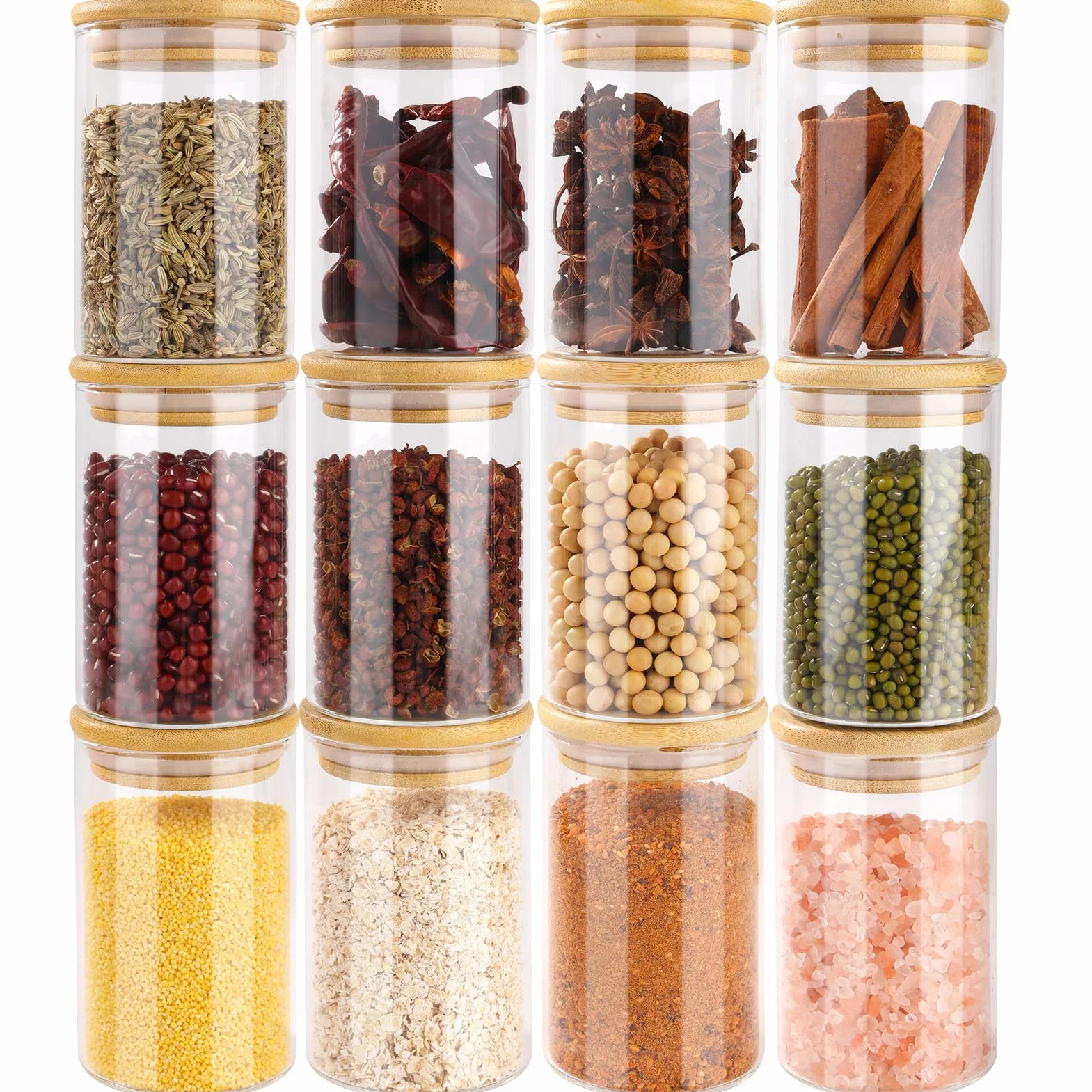 Bocaux à Épices en Verre et Bois 12 Pots 250ml Hermétique ⌀6,5cm x 10,5cm