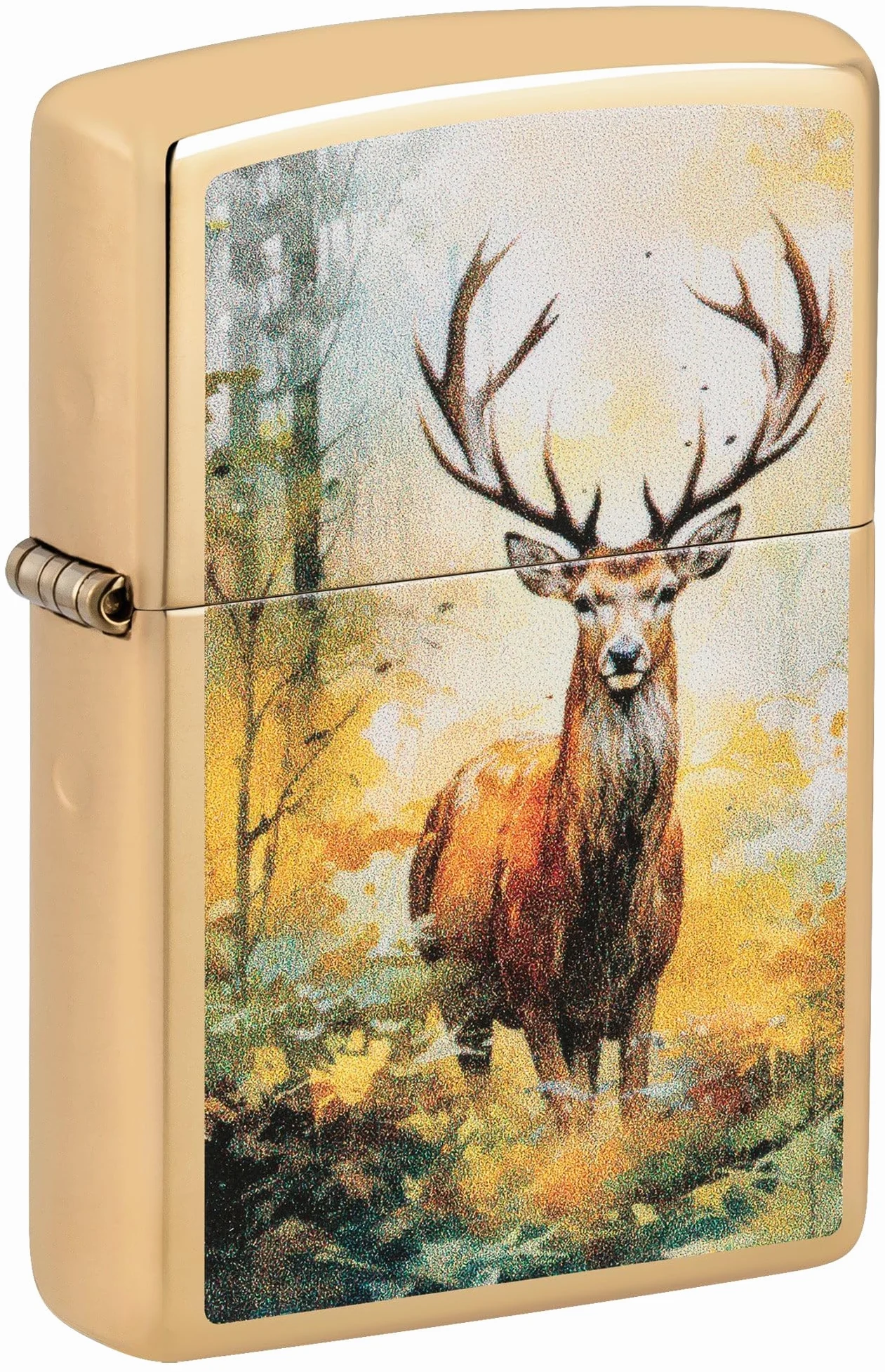 Zippo Briquet tempête – Design cerf Aquarelle – Or – Laiton hautement Poli – Image colorée – Rechargeable – Résistant au Vent – Boîte Cadeau – Fabriqué aux États-Unis