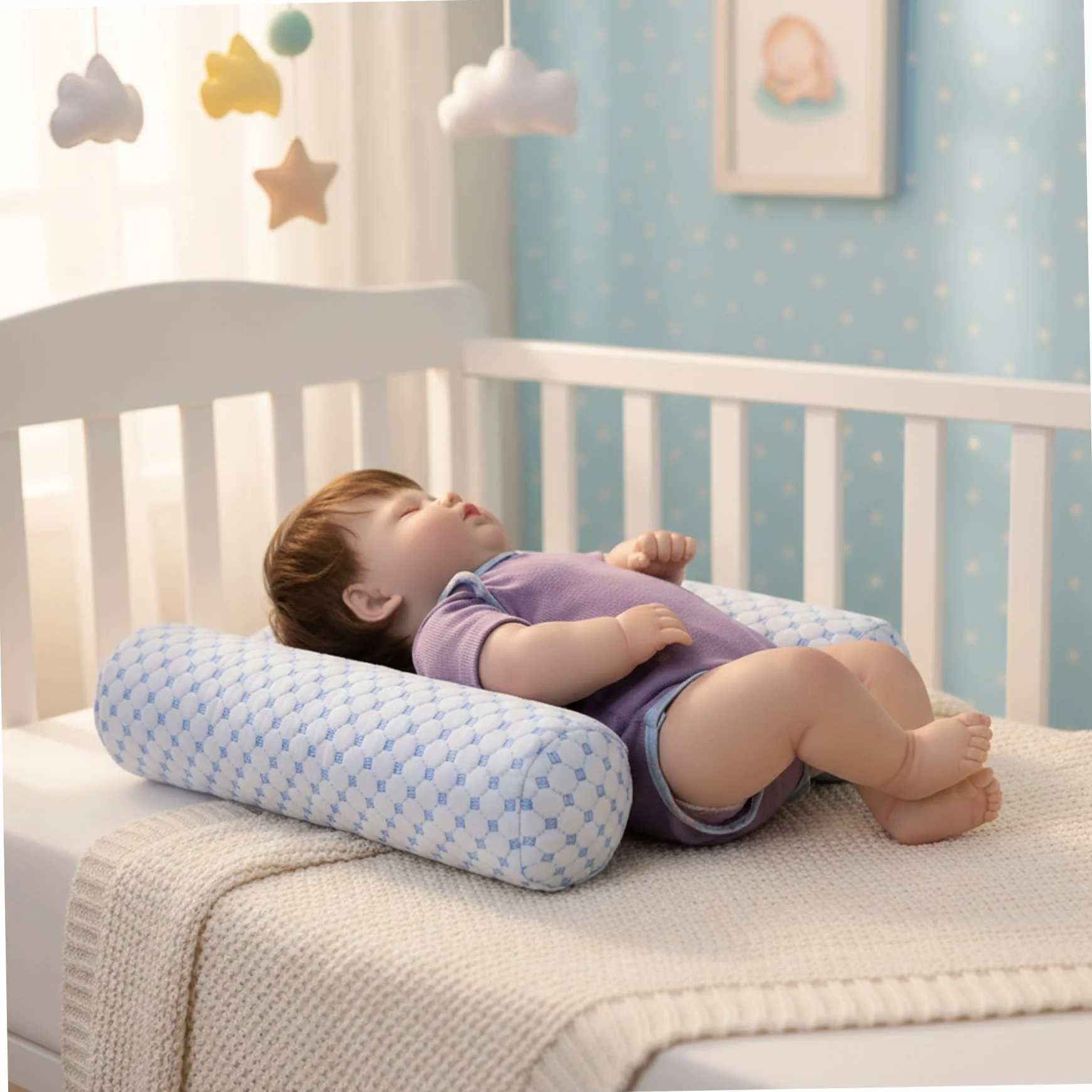 Oreiller Anti-roulis pour bébé, Cale de Couchage latérale Réglable et Respirante, Reflux Amovible Lavable Bleu