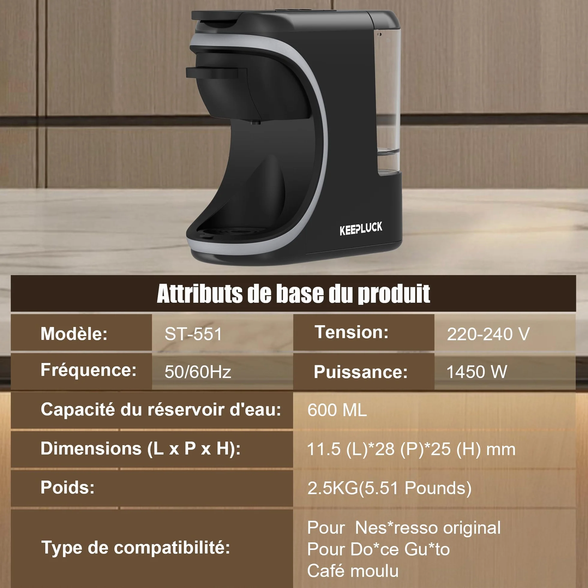 Machine à café à capsules 3 en 1 pour Nespres*o Original/D*lce G*sto/poudre, deux quantités d'eau, design compact, réservoir d'eau amovible de 600 ml (ST-551)