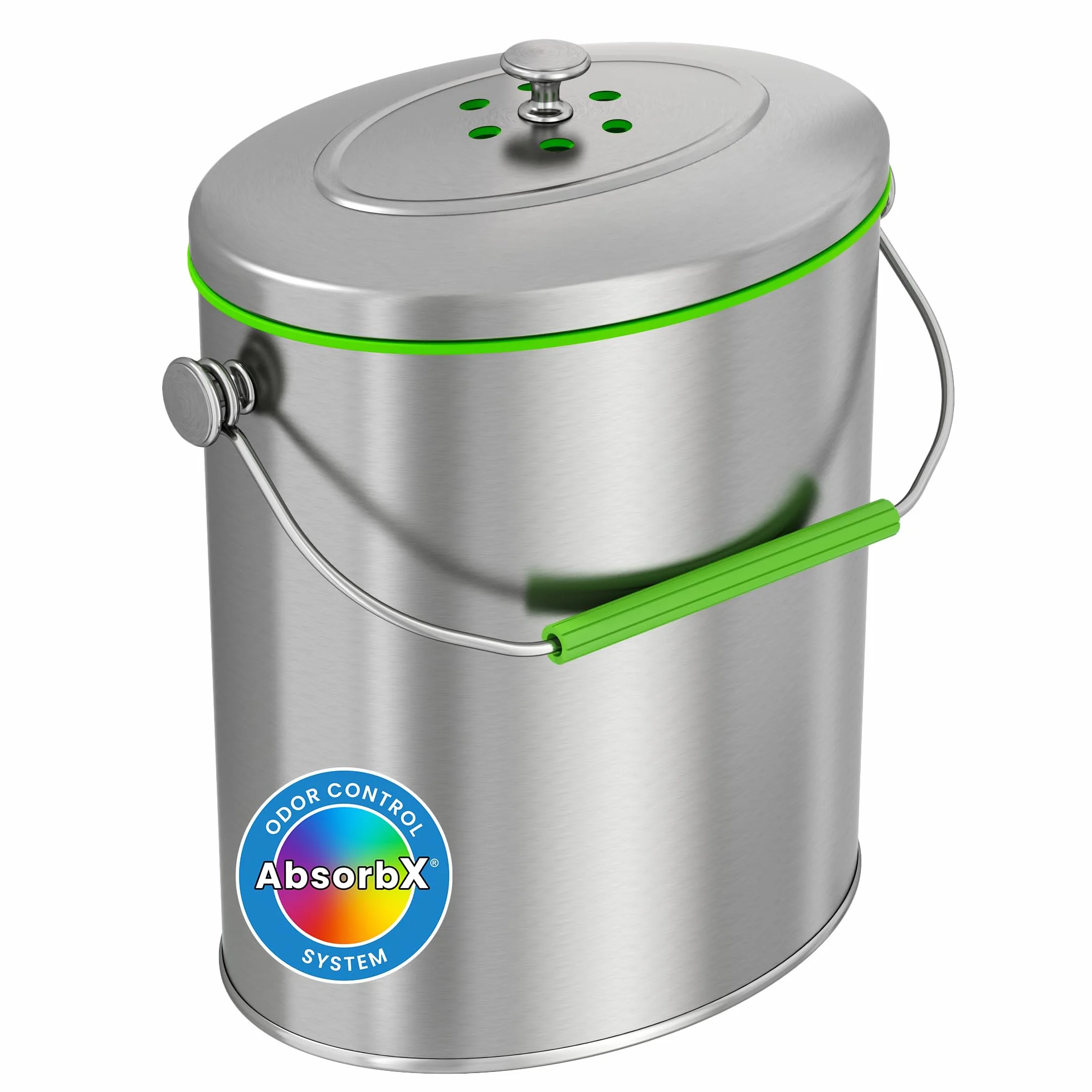 iTouchless poubelle à compost en acier inoxydable 1.6 gallon avec système de filtre à odeurs AbsorbX, poubelle de comptoir de cuisine de 6 litres de forme ovale mince et antirouille en titane