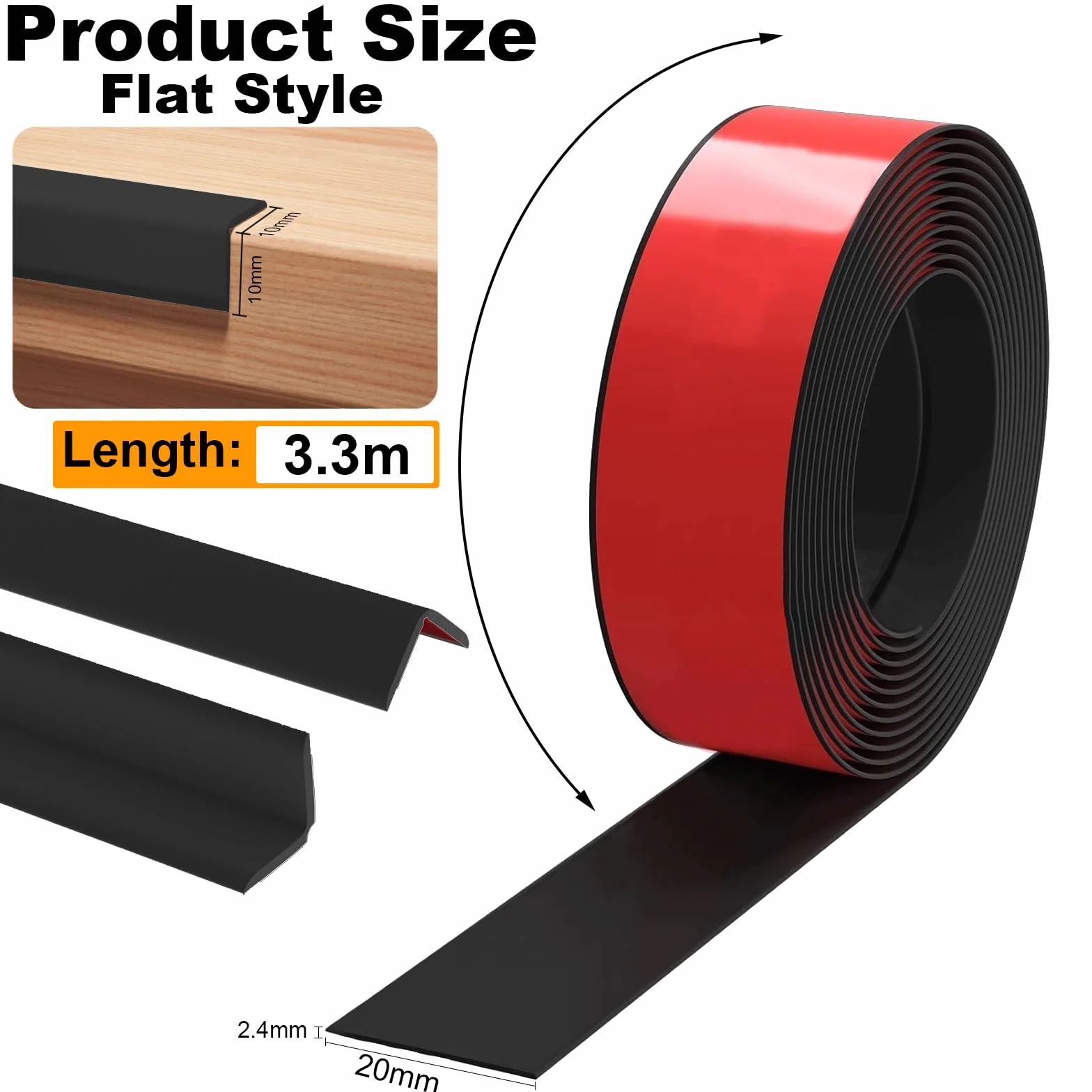 Protection Angle Mur Souple Autoadhésive 2cm x 3.3m, Bande de Finition PVC Etanche pour Cuisine Salle de Bain Noir