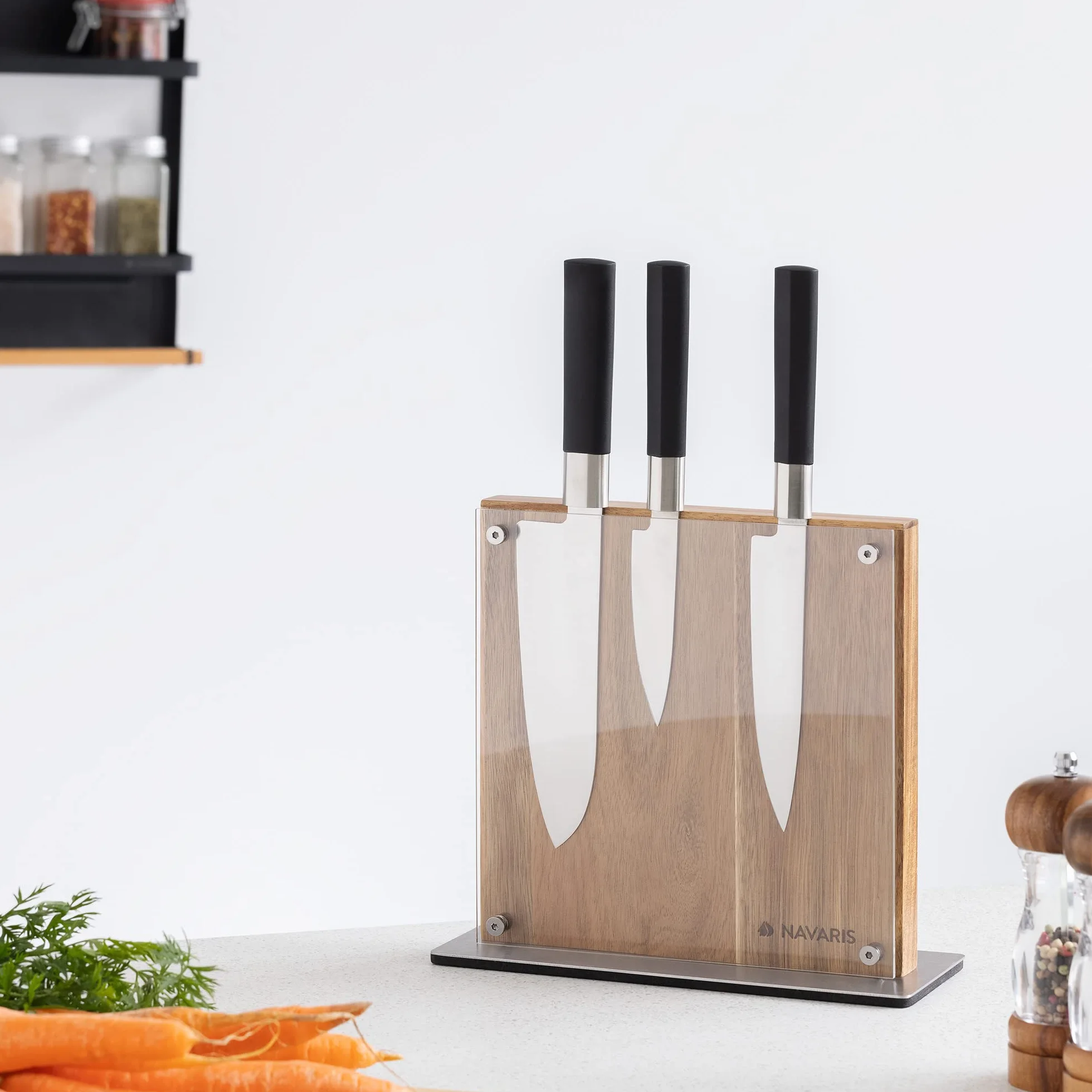 Navaris Bloc à Couteaux Magnétique Double Face en Bois d'Acacia avec Plaque Protection Acrylique