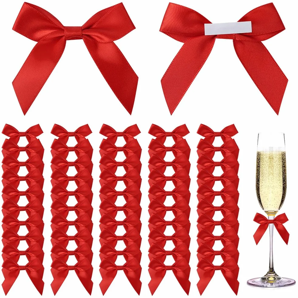 Lot de 50 nœuds en Satin 6 cm décoratifs Faits à la Main avec pastilles adhésives pour Noël, Emballage Cadeau