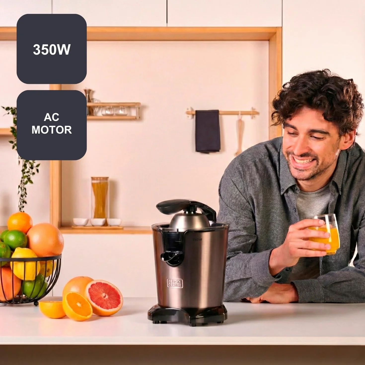 BLACK+DECKER Presse-Agrumes à Levier 350W Moteur AC Pro Corps Inox Réservoir 0,65L Anti-Goutte