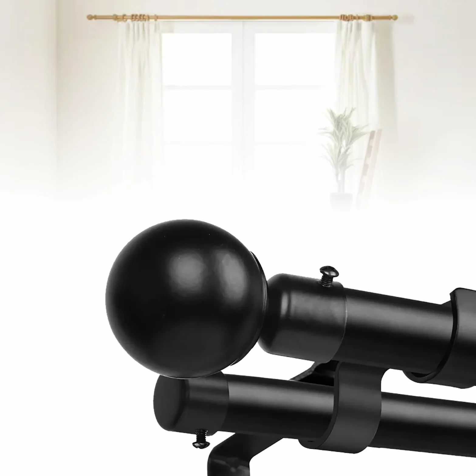 Tringle à Rideau Double Moderne et Robuste avec extrémité Sphérique en Métal, Double Tringle à Rideau Extensible pour Cuisine, Chambre à Coucher, Fenêtre, Bureau, Noir